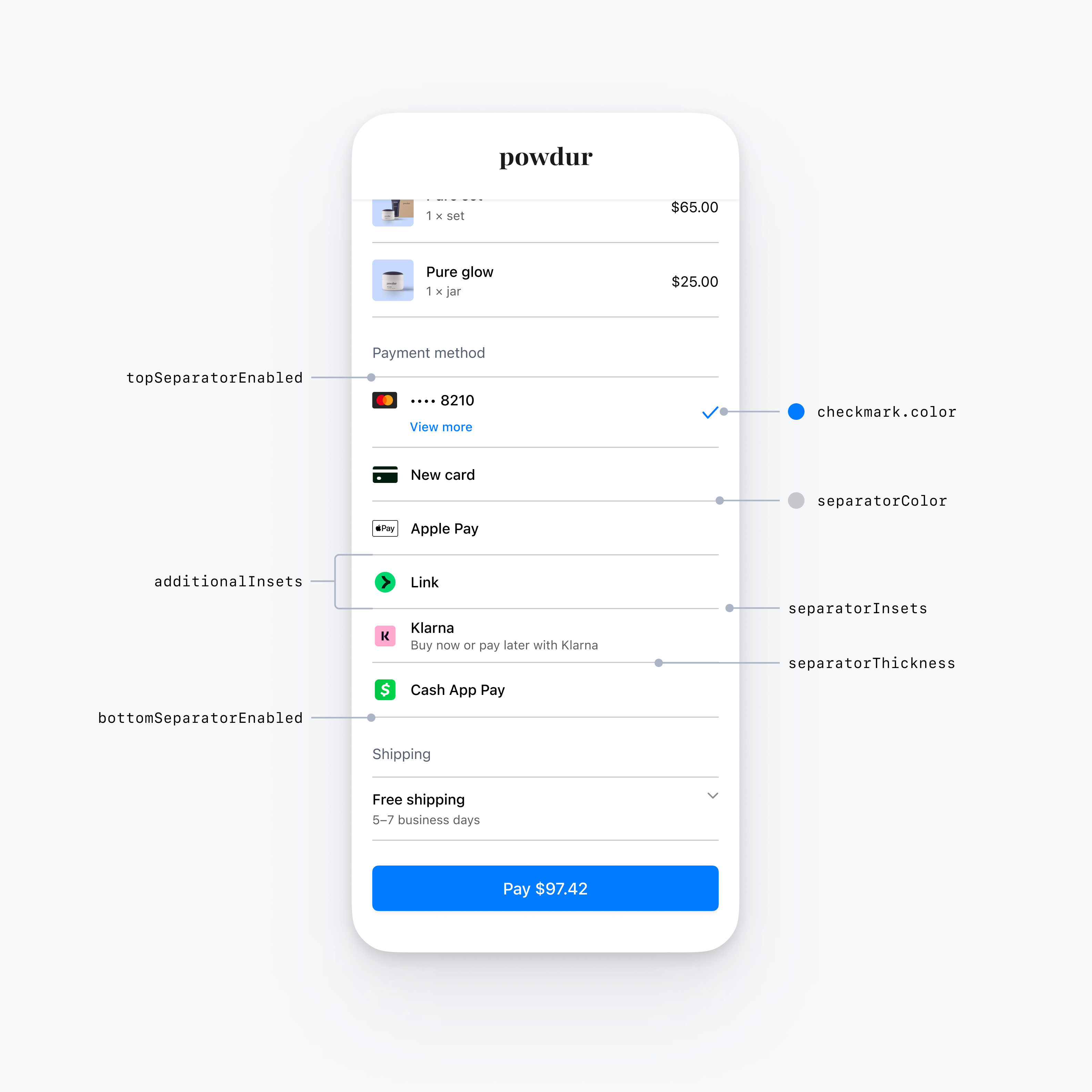 Embedded payment element styled using flat with checkmark