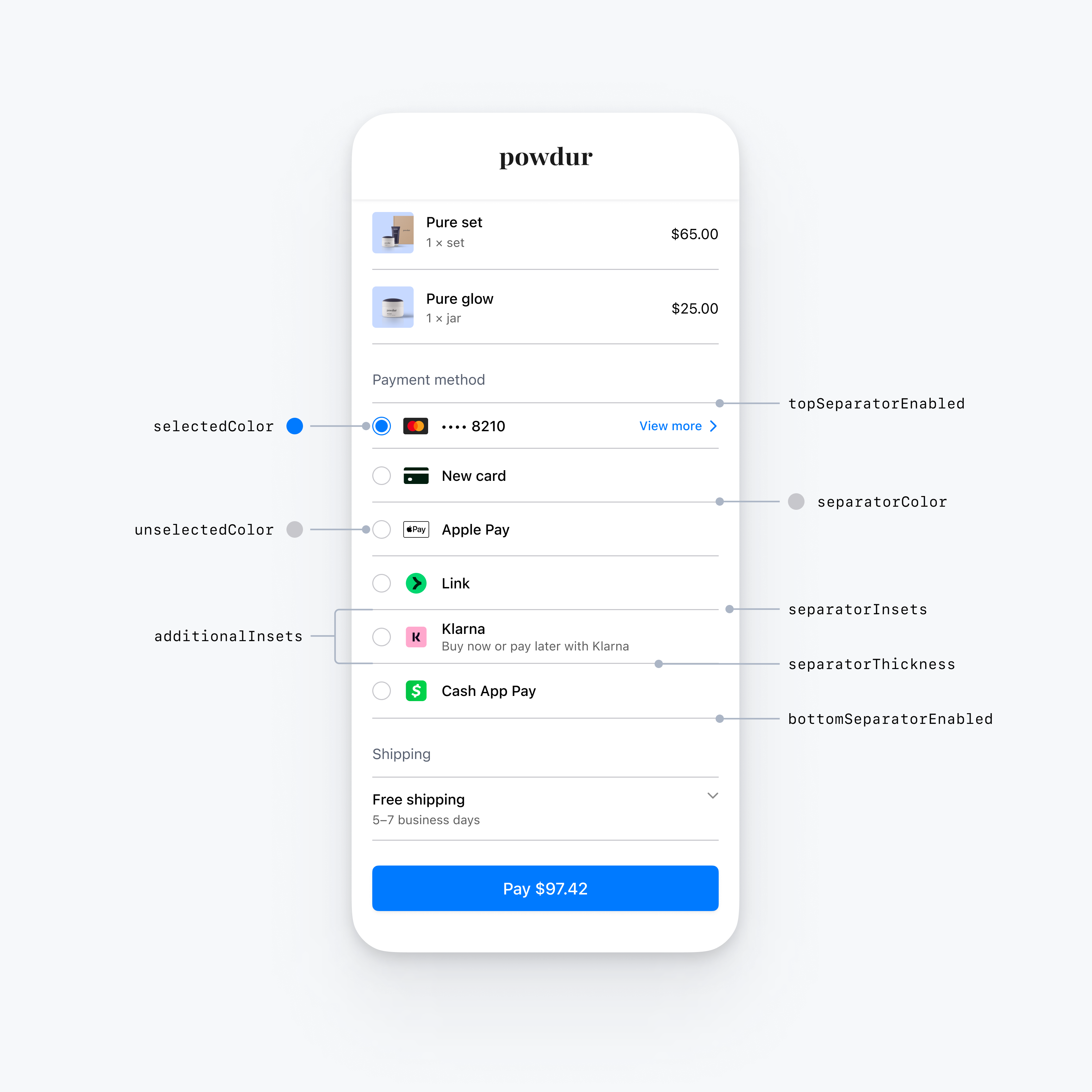 Embedded payment element styled using flat with radio