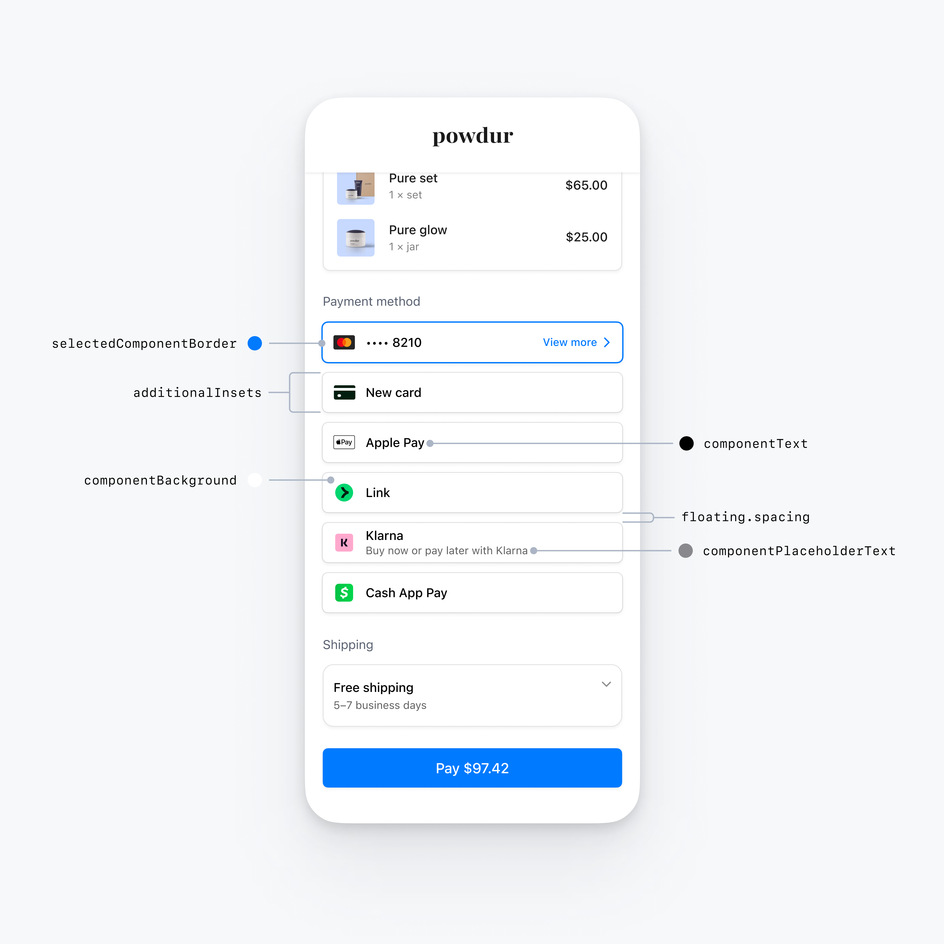 Embedded payment element styled using floating button