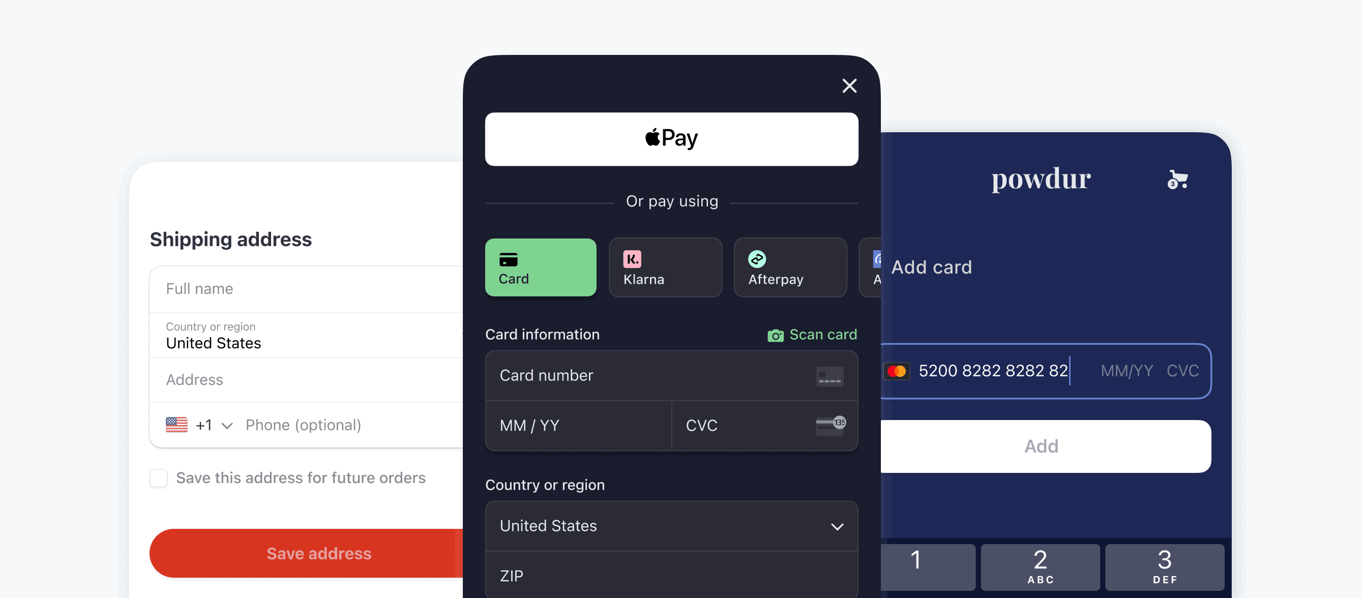 Exemples d'applications iOS utilisant l'Address Element, le Mobile Payment Element et le Card Element.