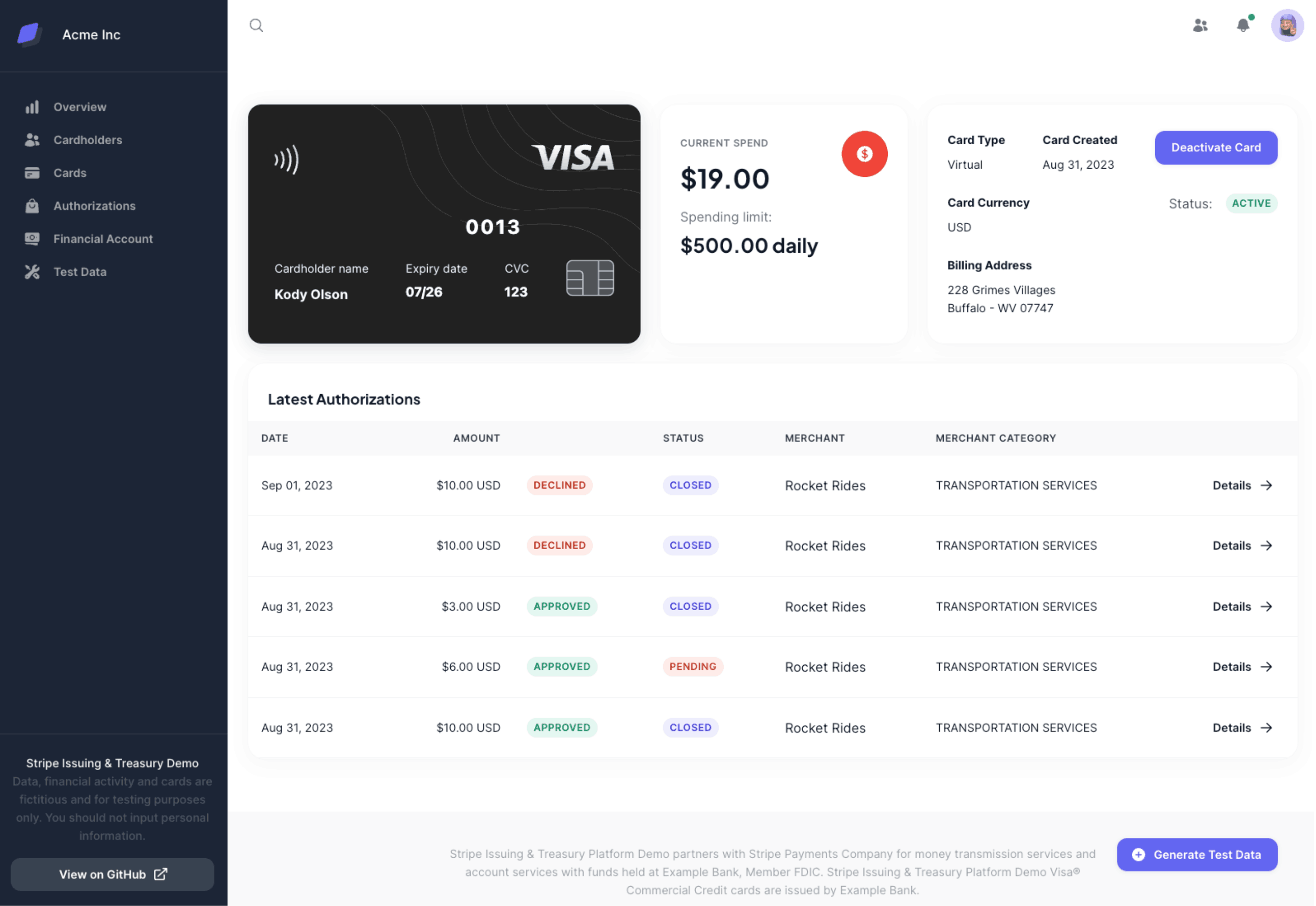 La page des informations de carte bancaires dans l'application de démonstration pour Issuing et Treasury