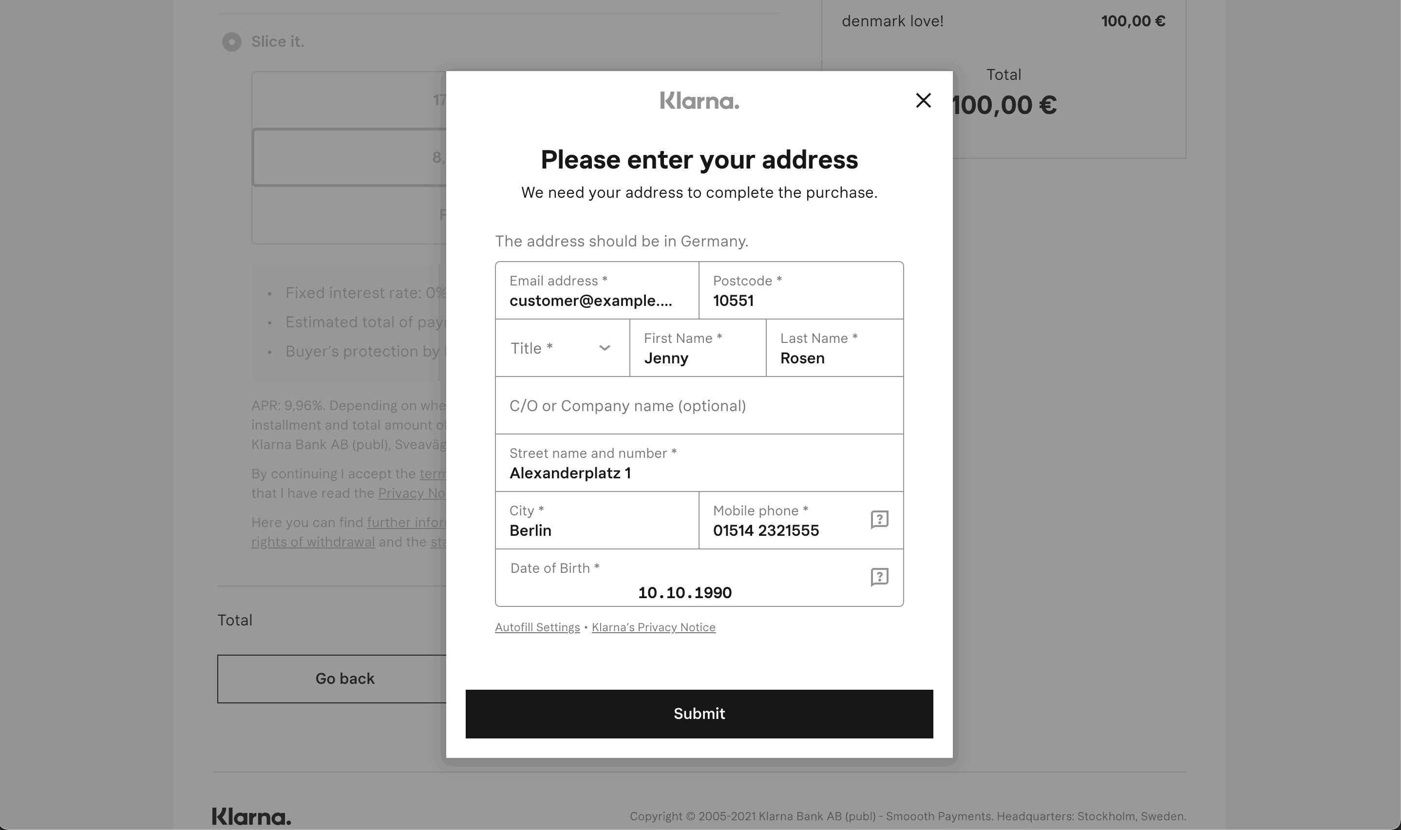Screenshot of a Klarna payment page prefilled with billing details from the API and customized to render in English