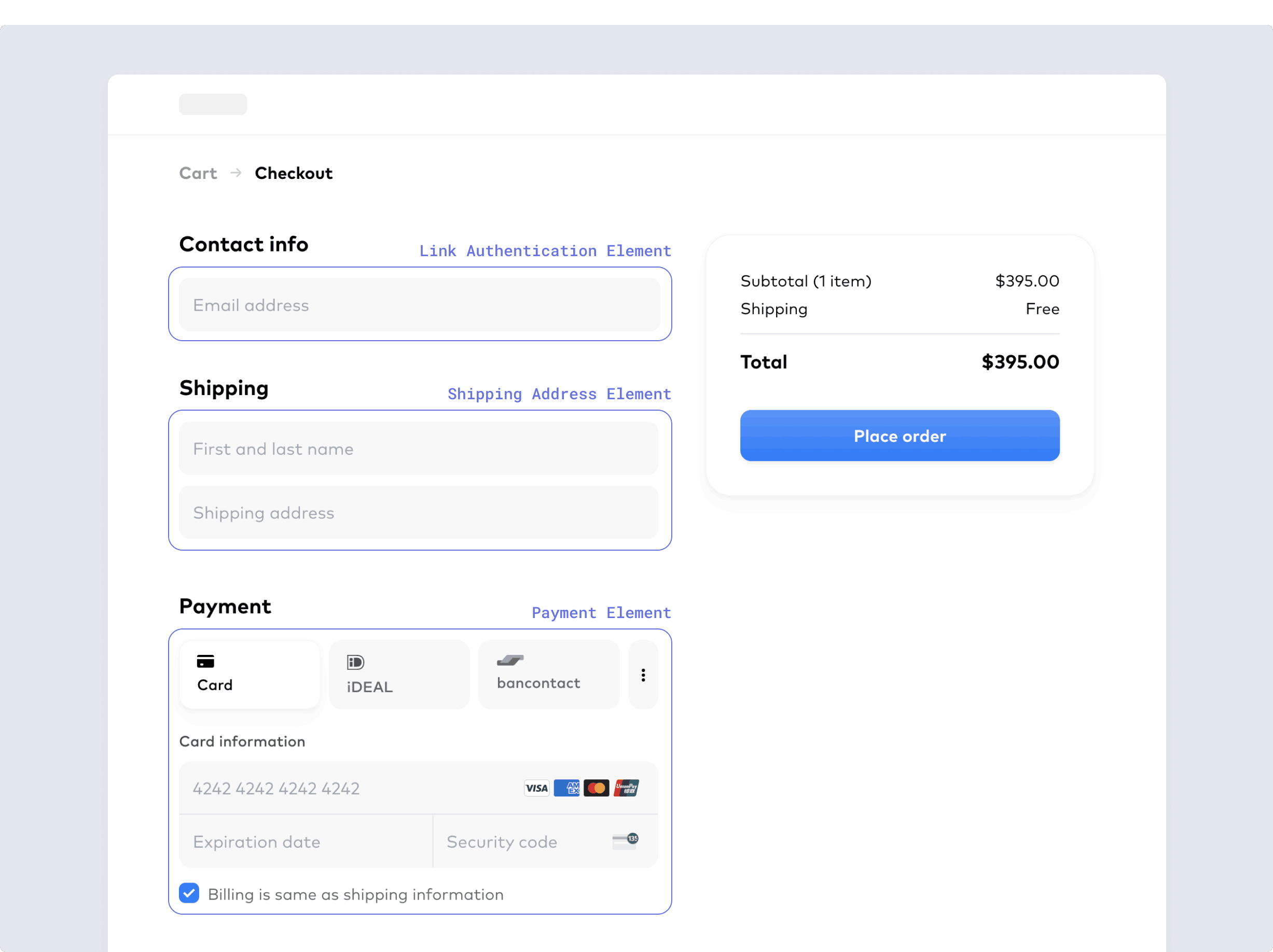 Link Authentication Element、Address Element、Payment Element が含まれる決済ページ。