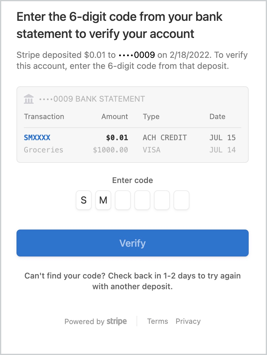 Microdeposit verification dialog showing one cent deposited into an account with a prompt to enter descriptor code and a verify button.