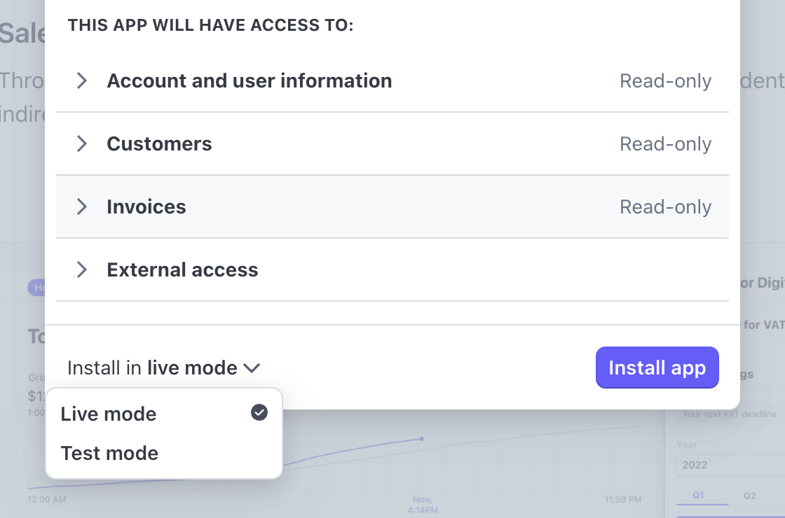 The location of the mode selection option during the Stripe App installation flow