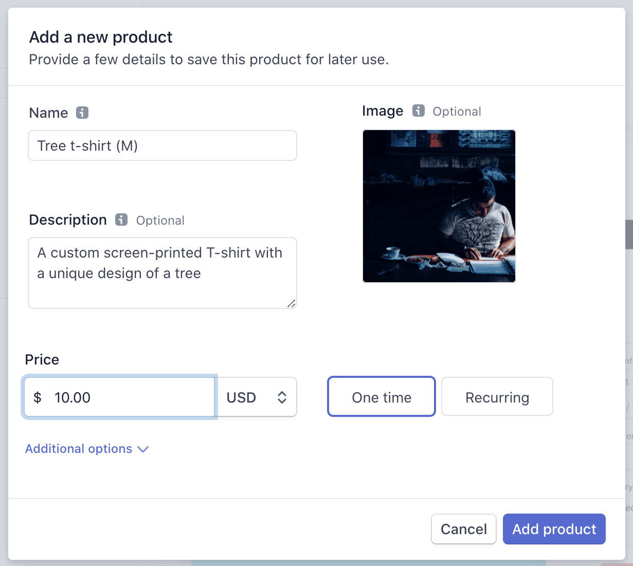 The product creation modal found within the payment link creation form