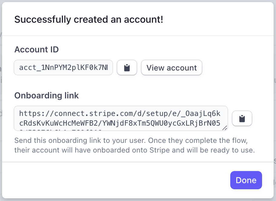 The create account modal displaying a generated Express link for onboarding a connected account