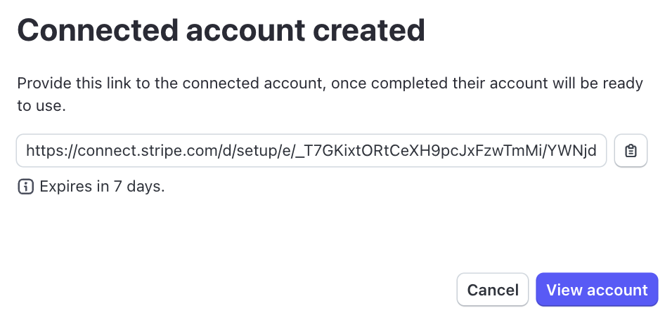 The create account modal displaying a generated Express link for onboarding a connected account