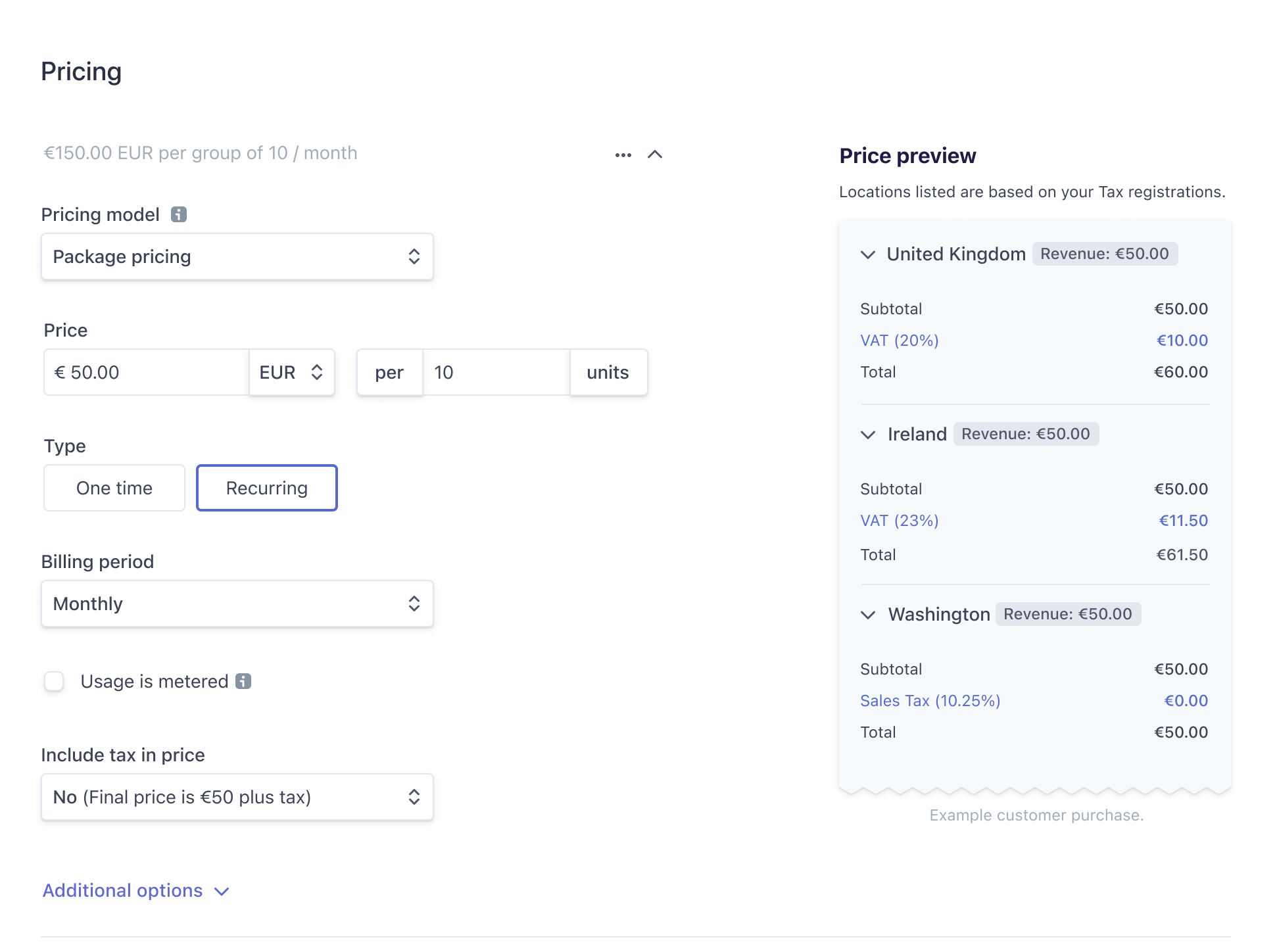 Steuerverhalten für ein Preis-Objekt im Stripe-Dashboard