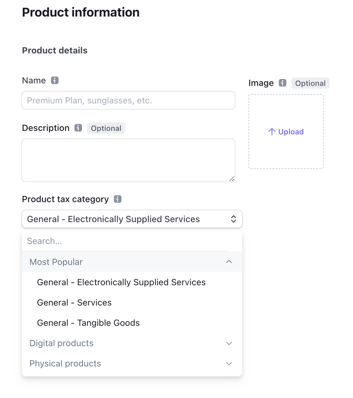 Tax codes for a product in the Stripe Dashboard