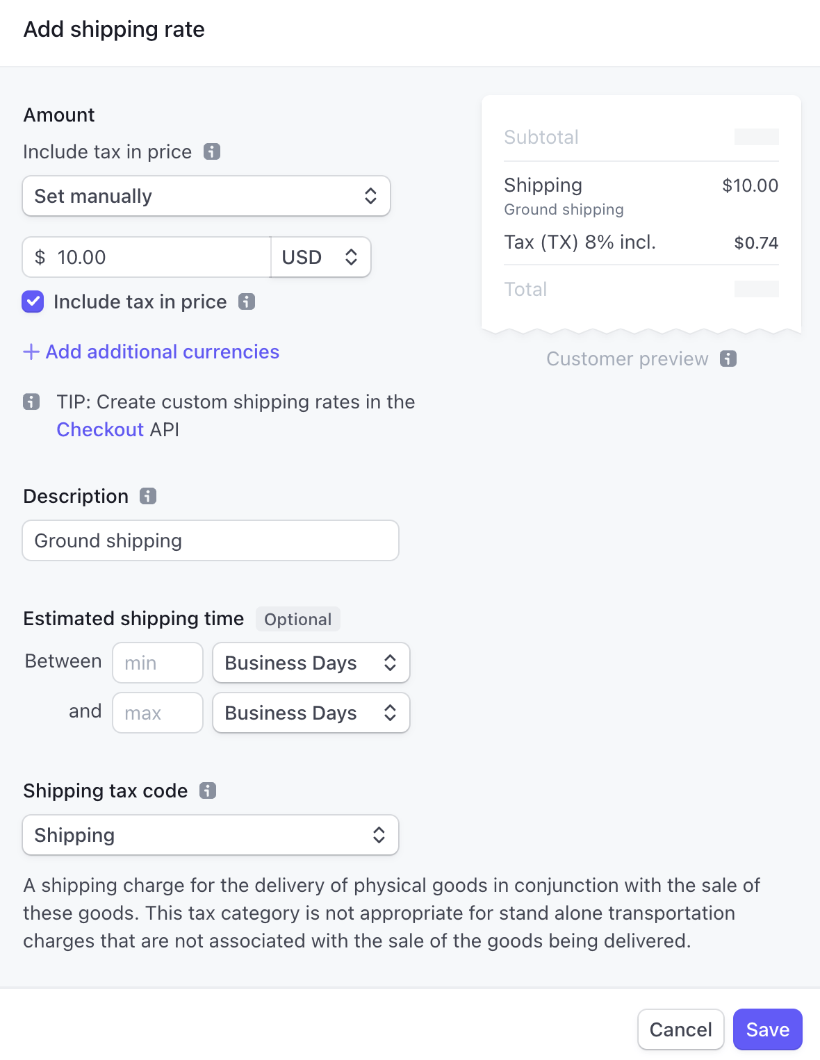 Shipping rate with a tax code in the Stripe Dashboard