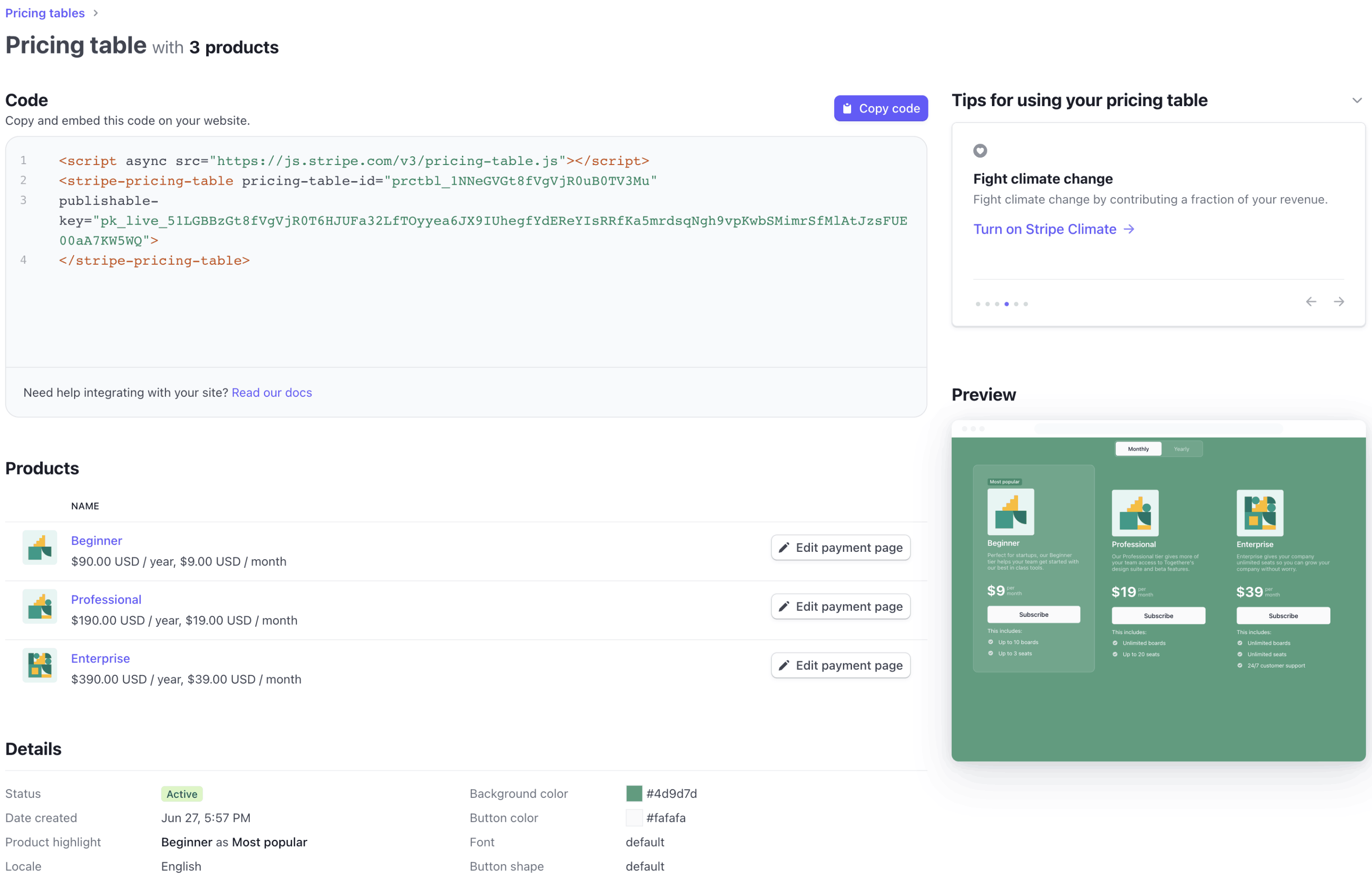 Pricing table detail page