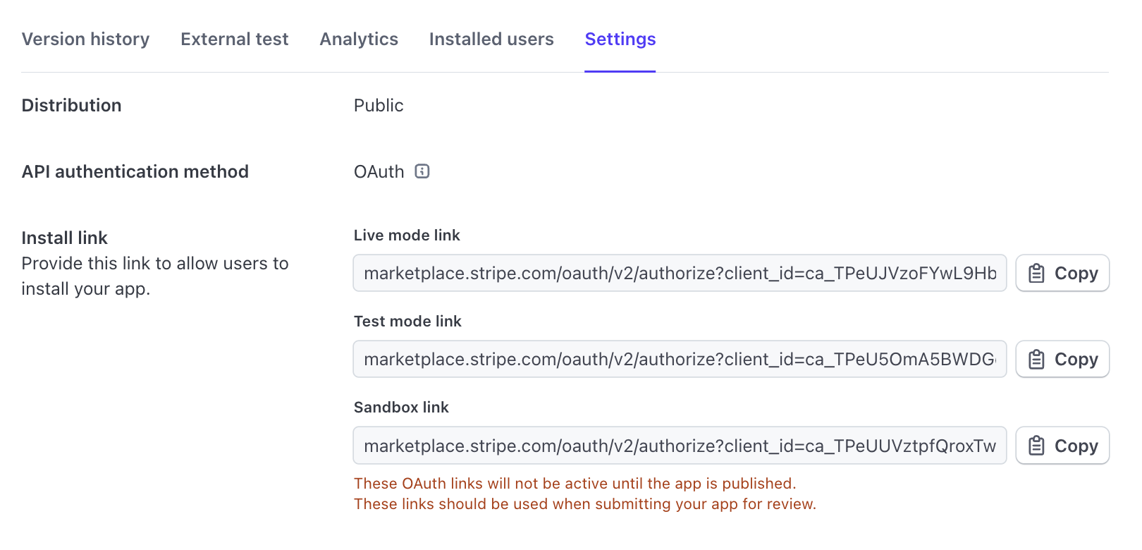 The location of public OAuth links within the Stripe Dashboard