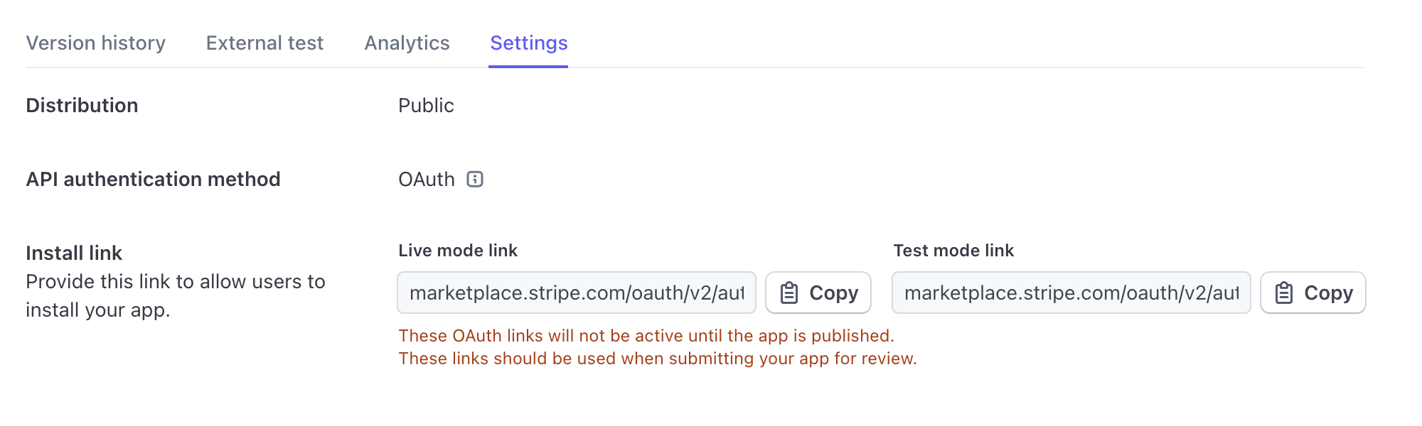 The location of public OAuth links within the Stripe Dashboard