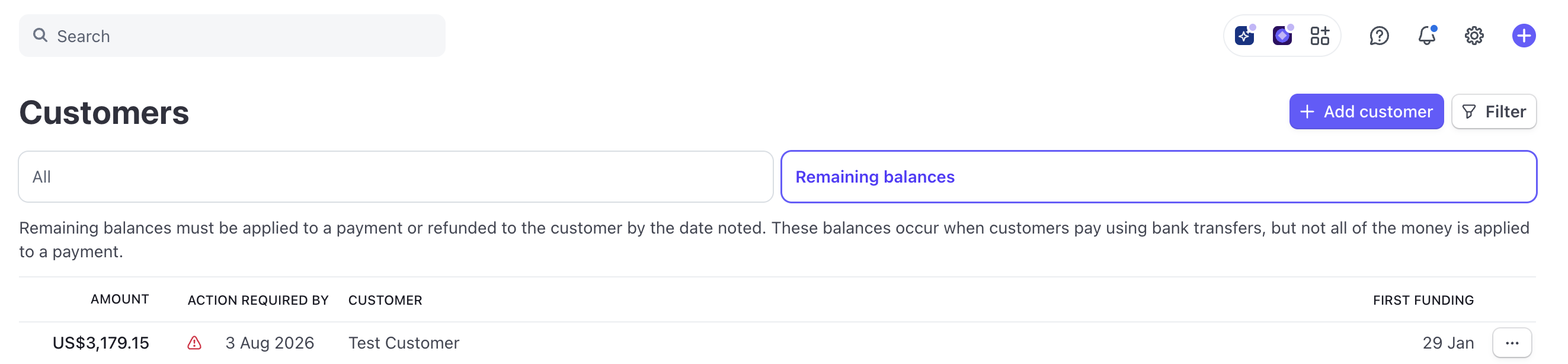 Remaining customer balances filter