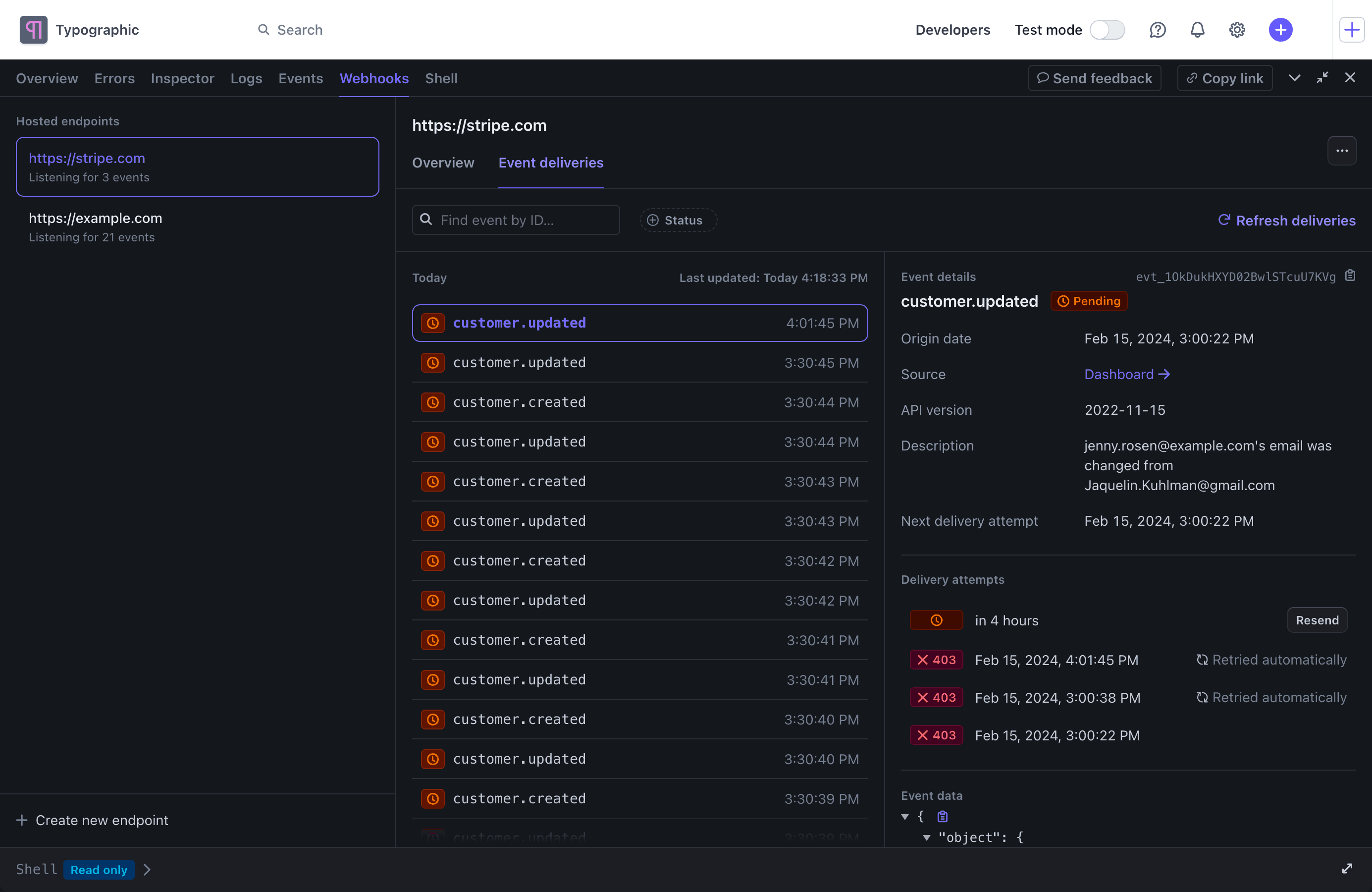 Retry sending events using a webhook endpoint's Event deliveries tab