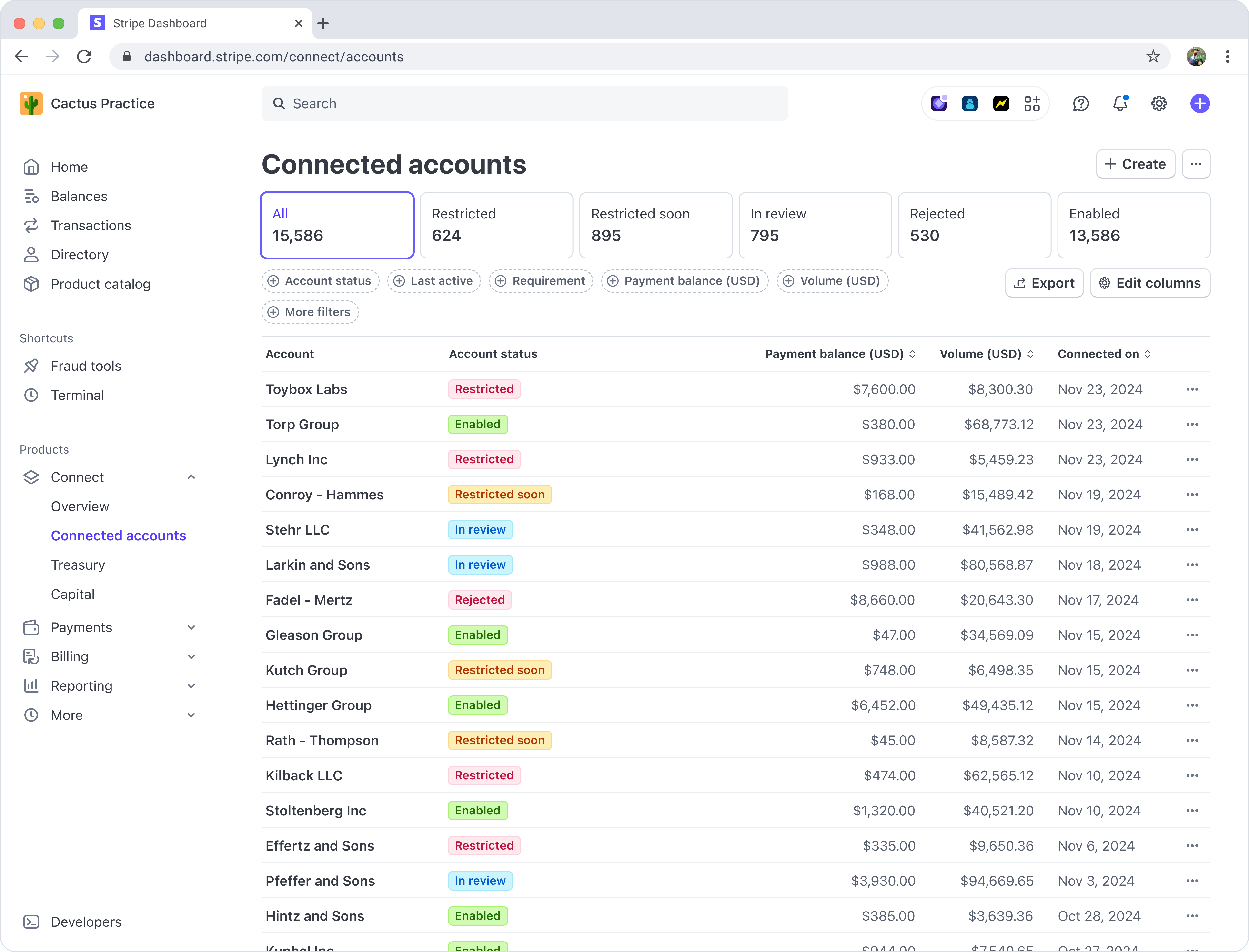 The connected accounts list page showing connected accounts that need action.