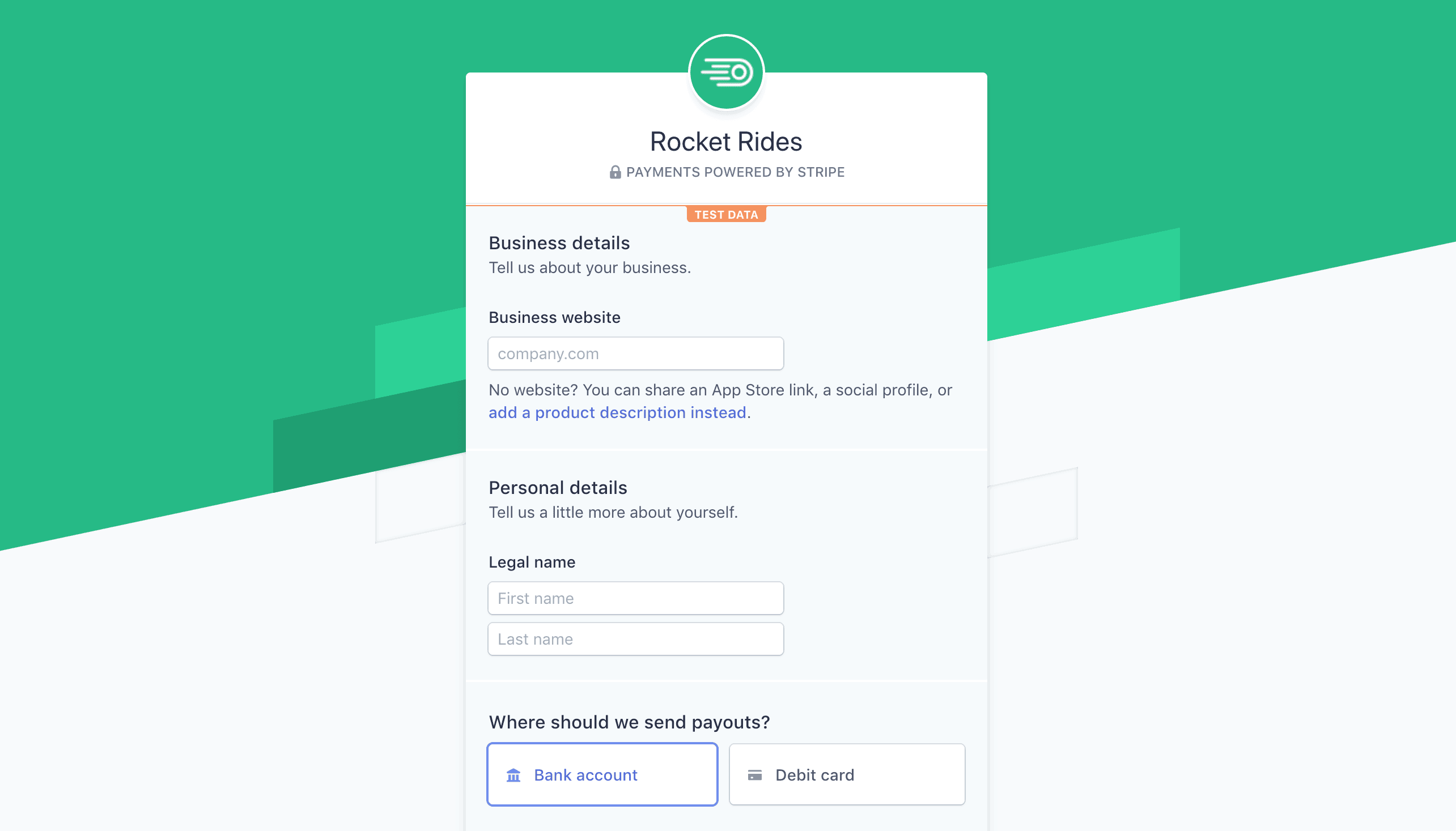 Stripe's website for a user to provide their contact and payout information