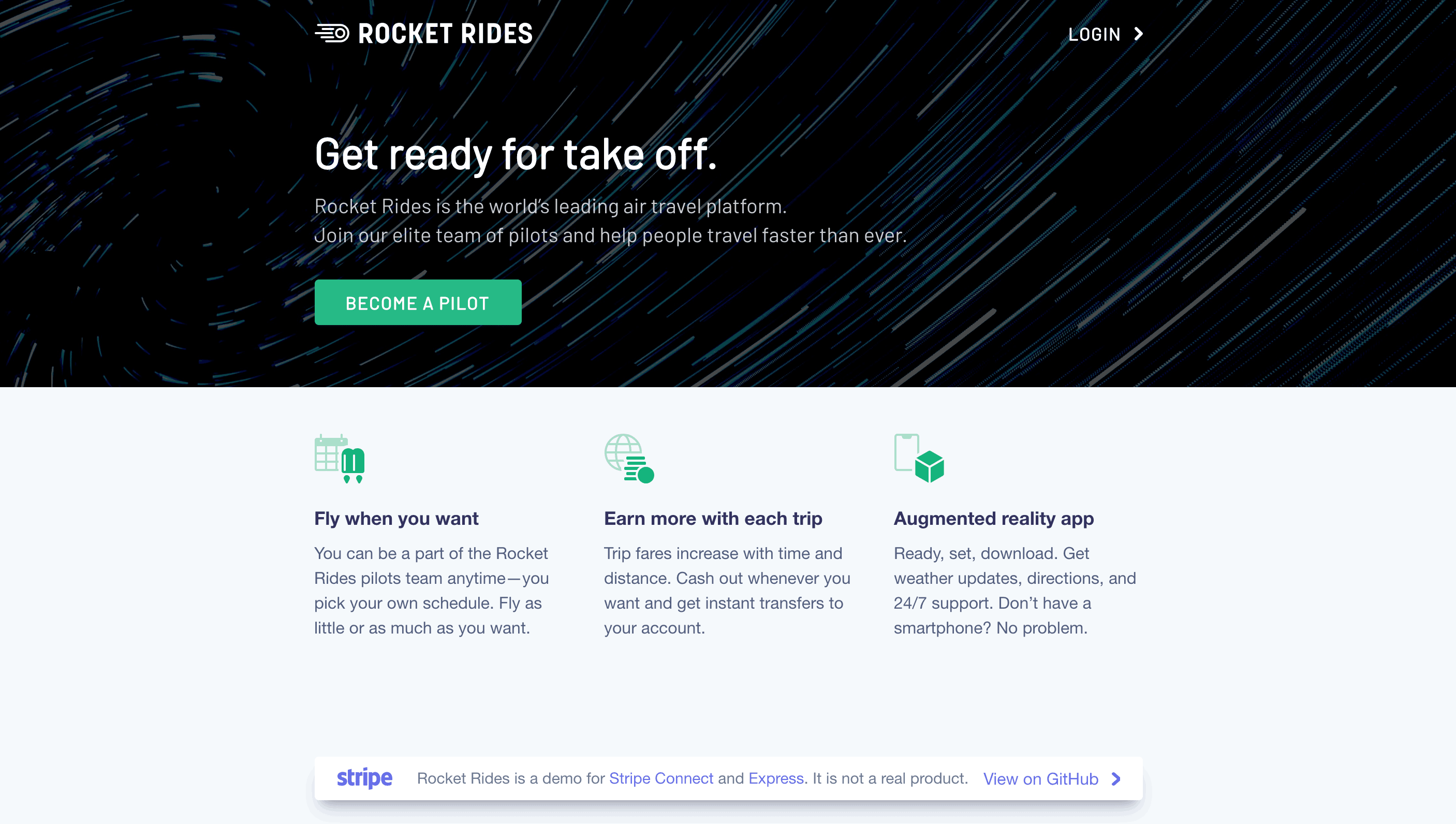 Rocket Rides (Express アカウントを使用した Stripe Connect のデモ)