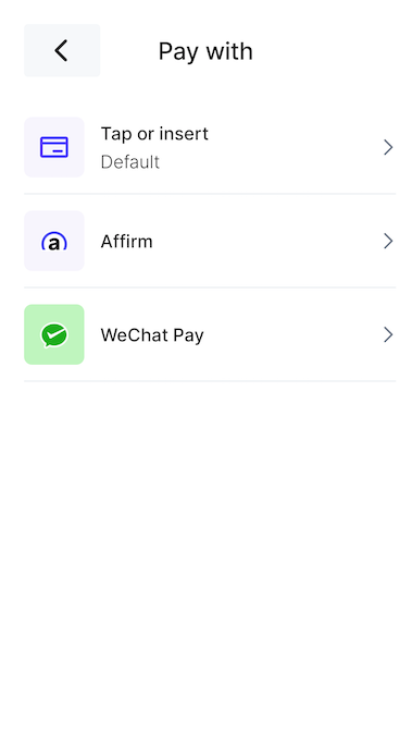 The payment method selection screen with buttons for paying with card, Affirm, or WeChat Pay