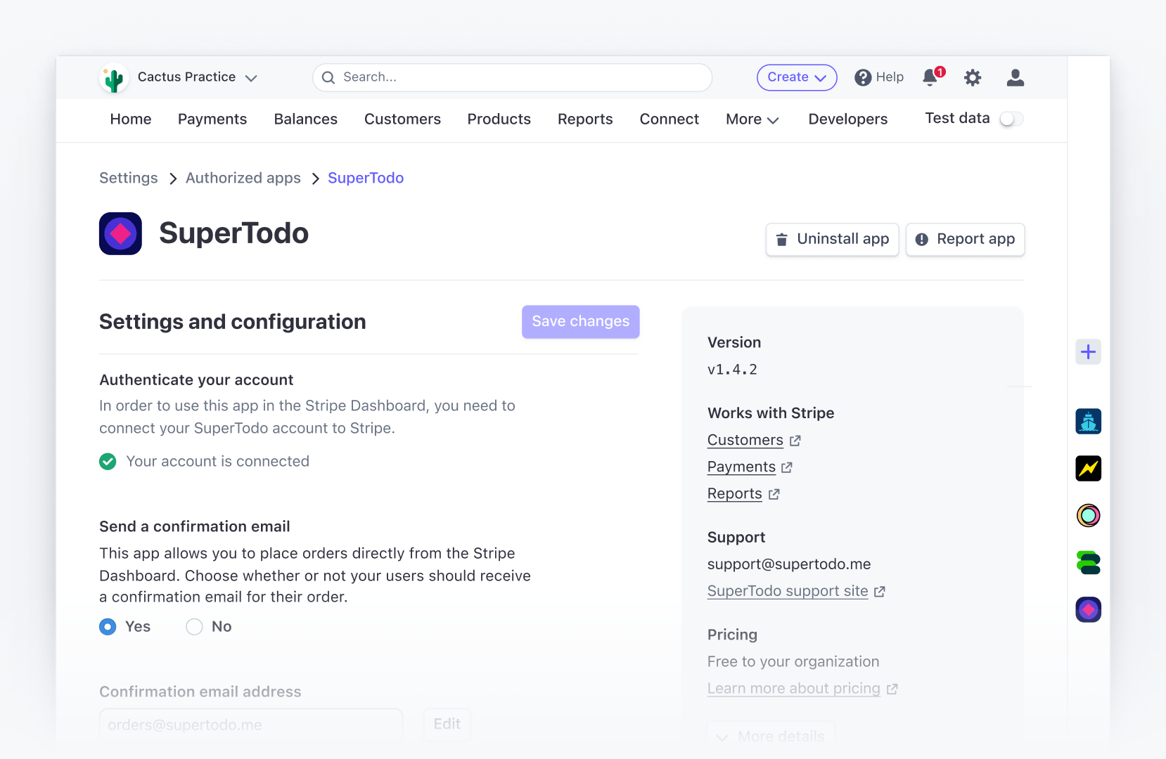 SettingsView in the Stripe Dashboard