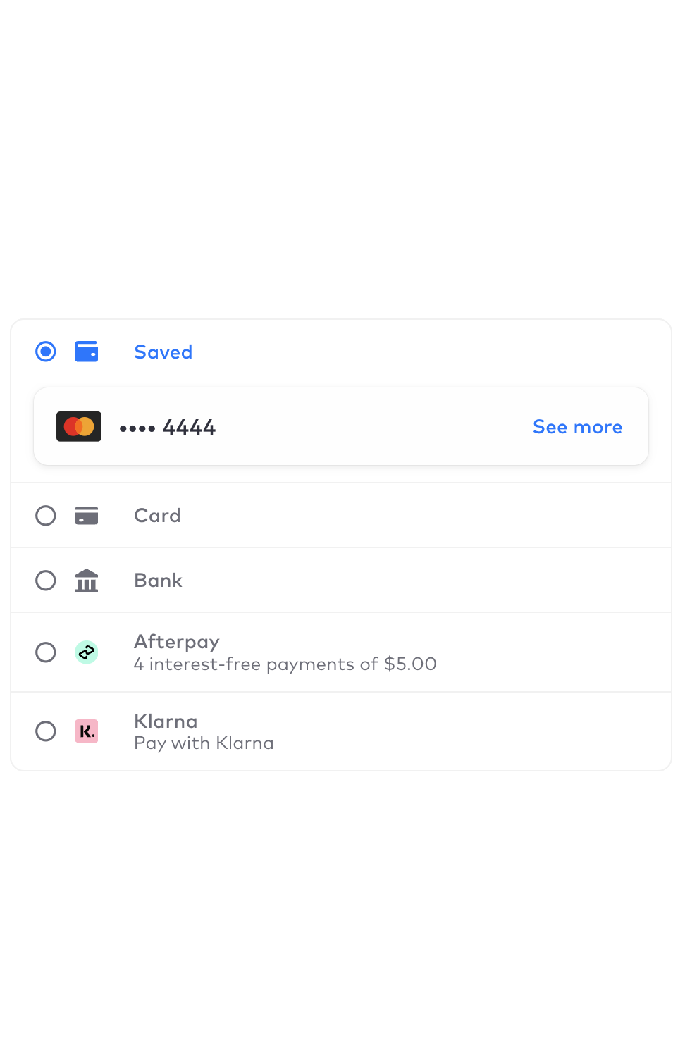 The Payment Element with a Saved payment method selected