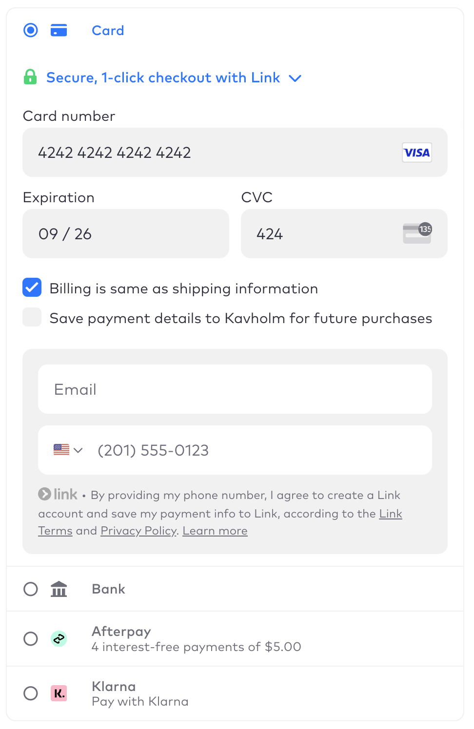 The Payment Element with Link and a saved payment method checkbox