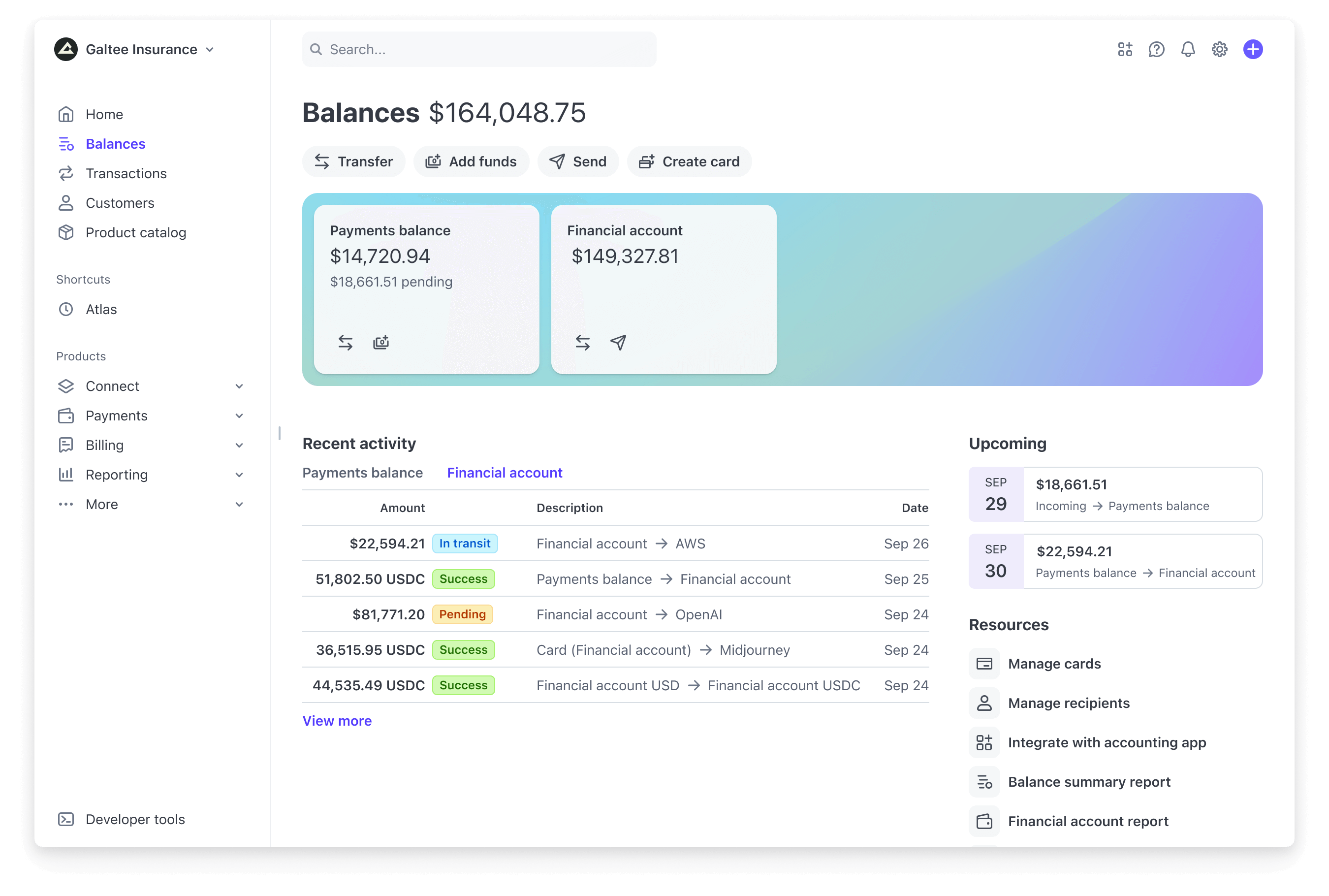 Dashboard affichant un solde de compte financier