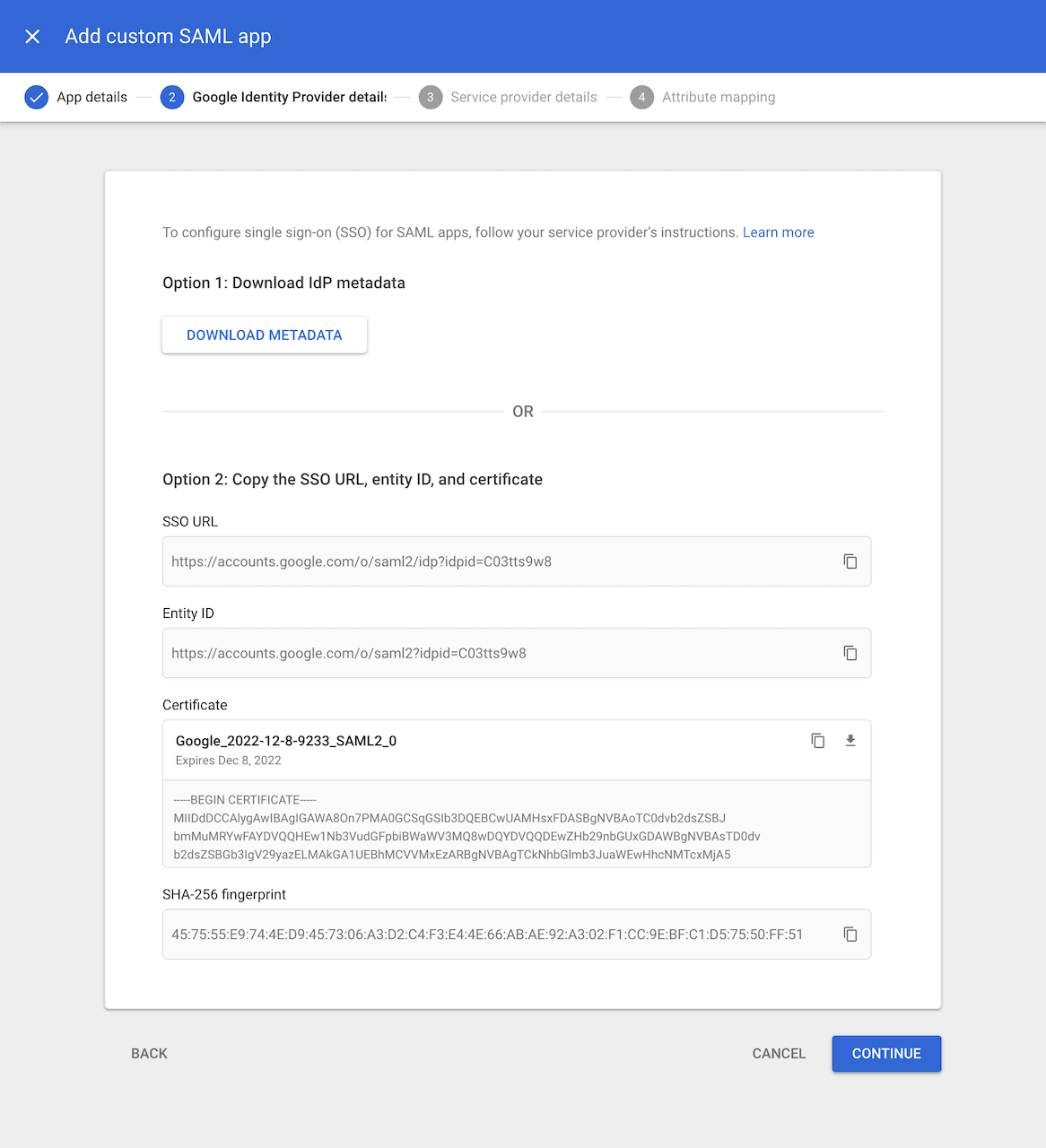 Custom SAML Google Identity Provider detail