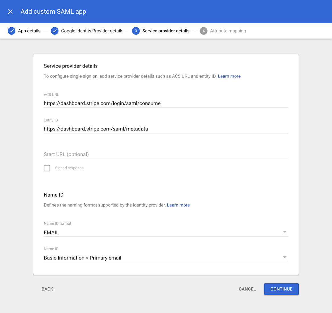 Custom SAML service provider details