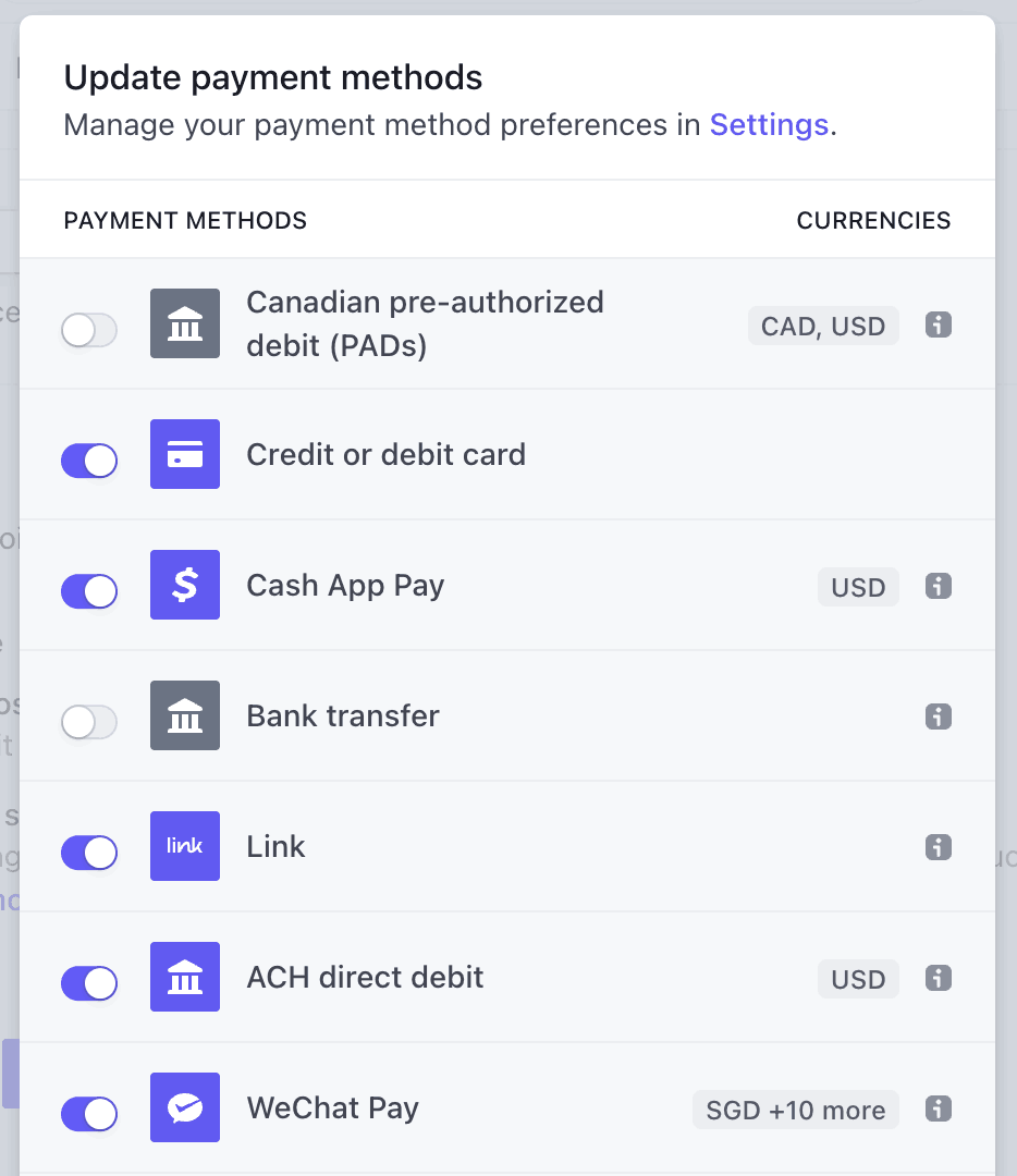 Choose additional payment methods