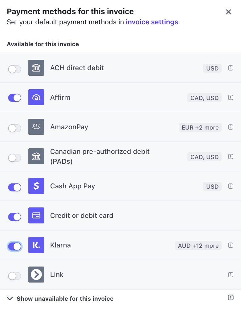 Choose additional payment methods