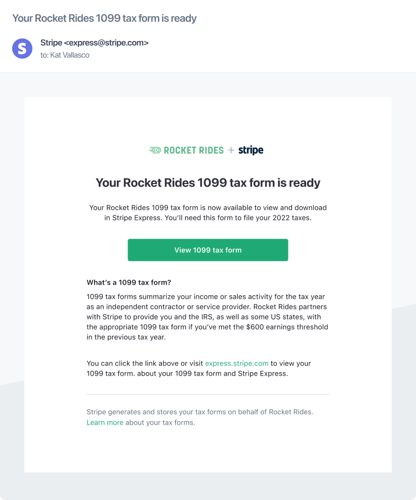 An example email from Stripe to a Rocket Rides connected account to view 1099 tax form.