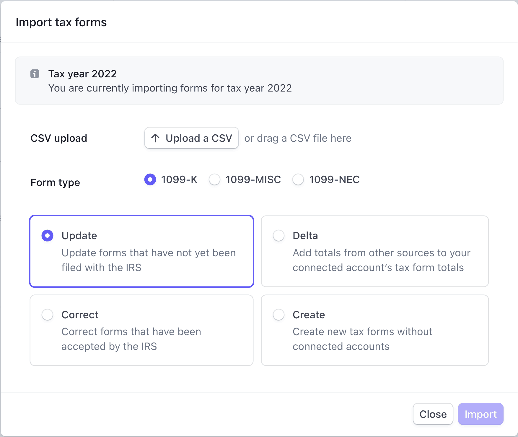 Import tax forms page with Update selected.