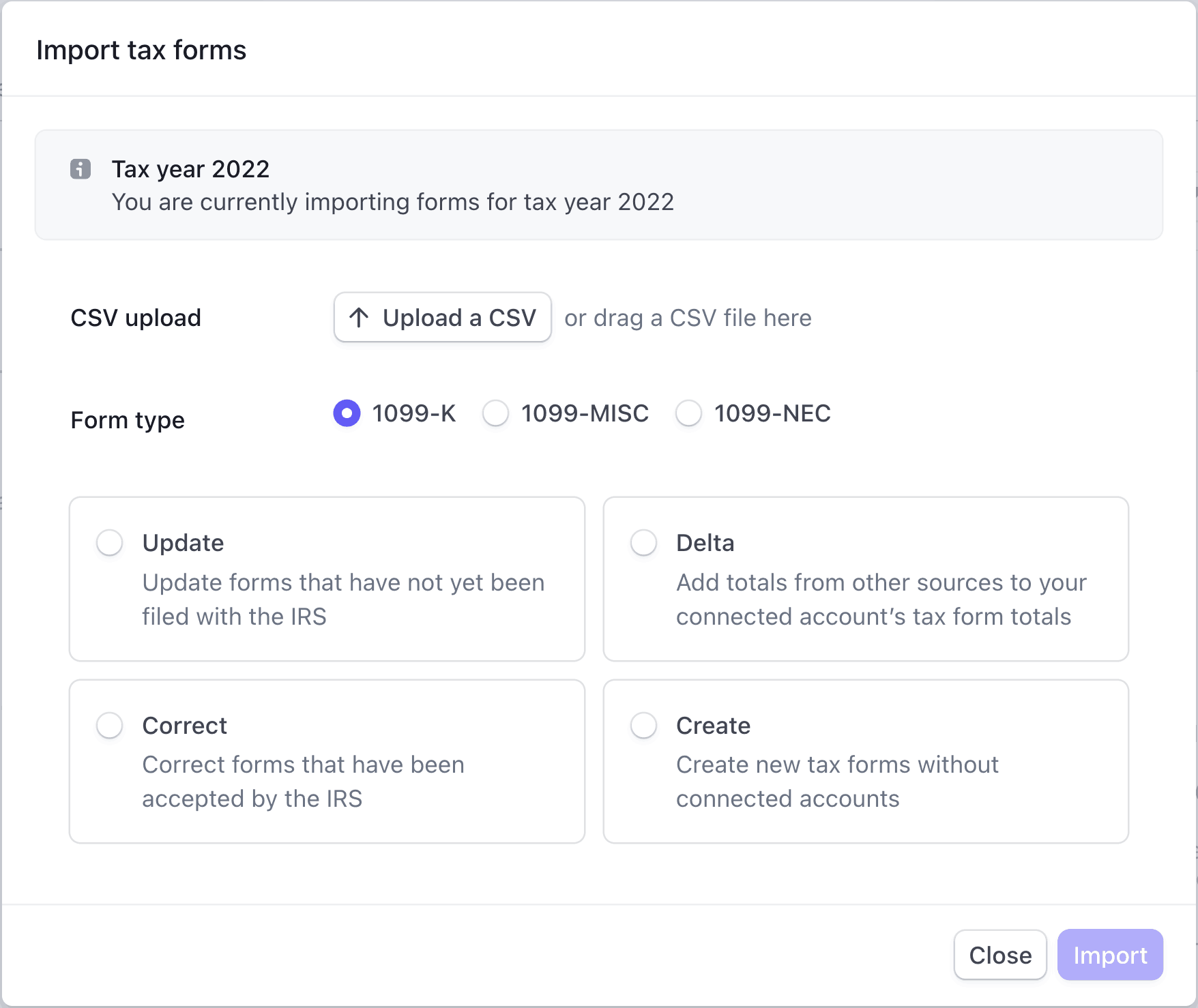 Import tax forms page with Update selected.