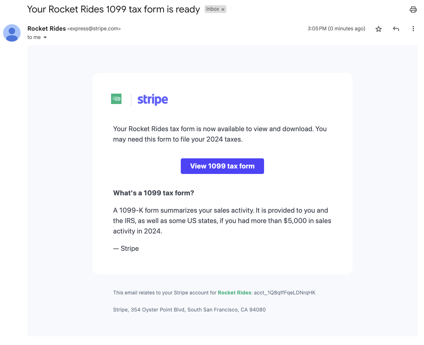 An example email from Stripe to a Rocket Rides connected account to view 1099 tax form.