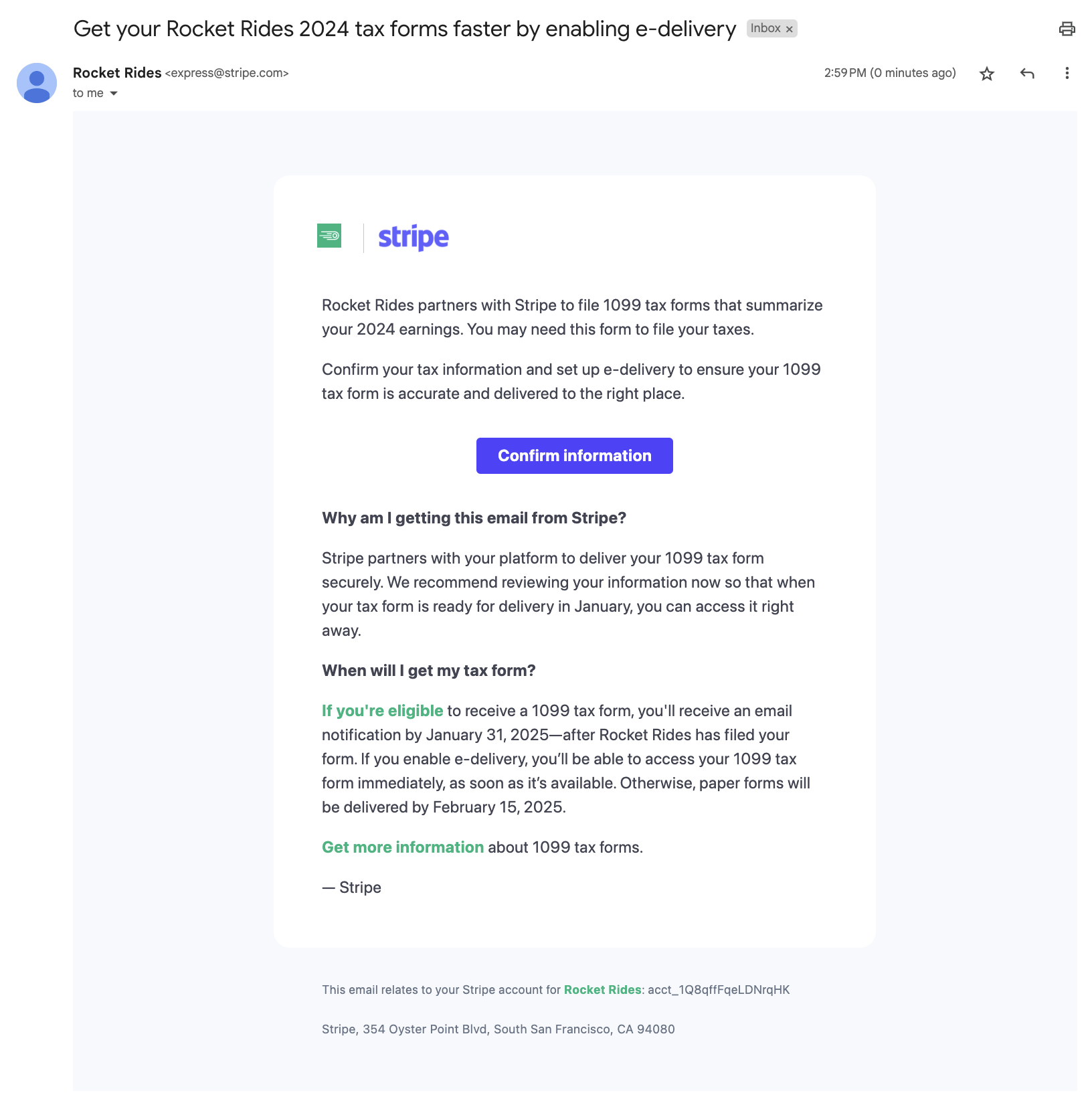 Stripe Express Tax form email from Stripe.