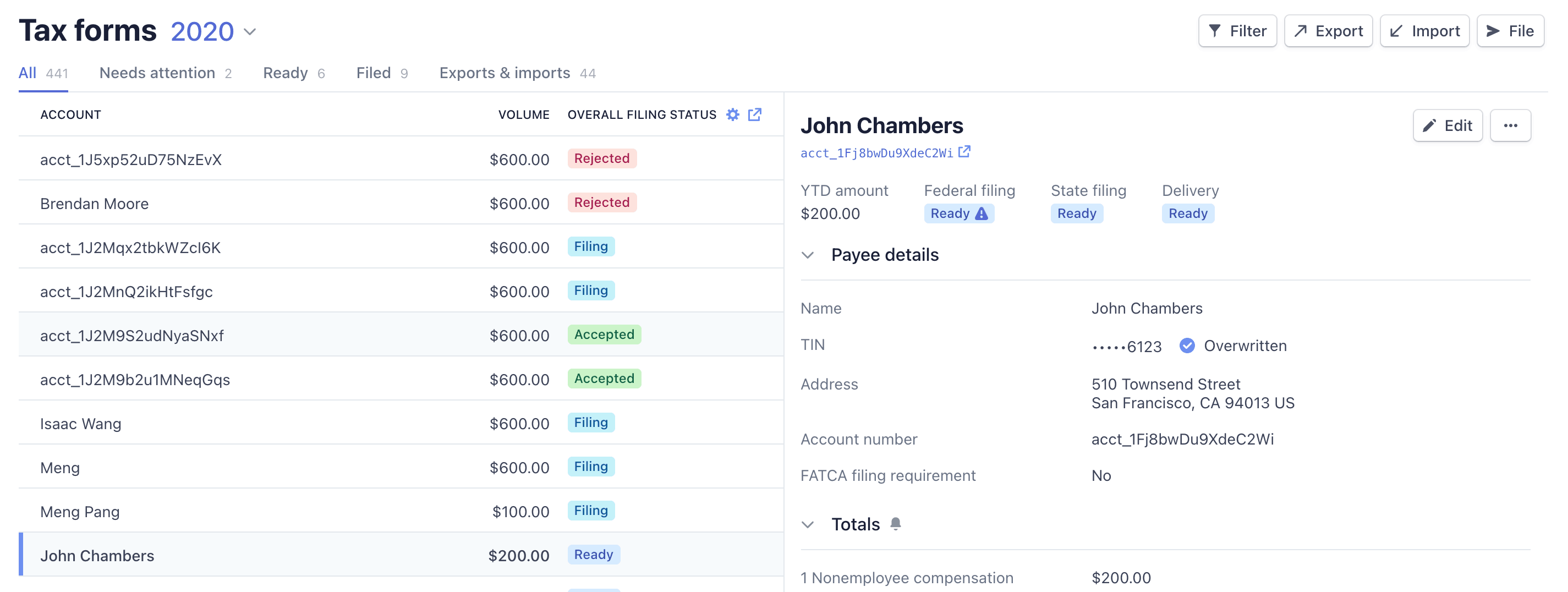 Page de déclaration fiscale du Dashboard