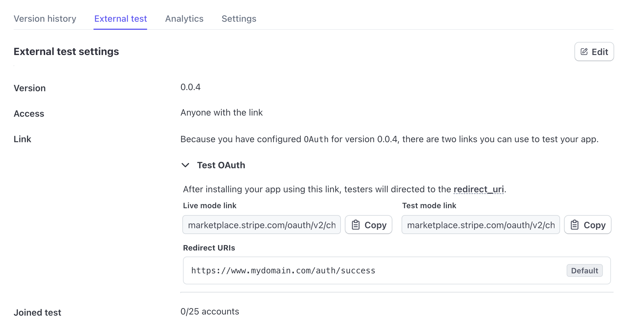 Die Position der Test-OAuth-Links im Stripe-Dashboard