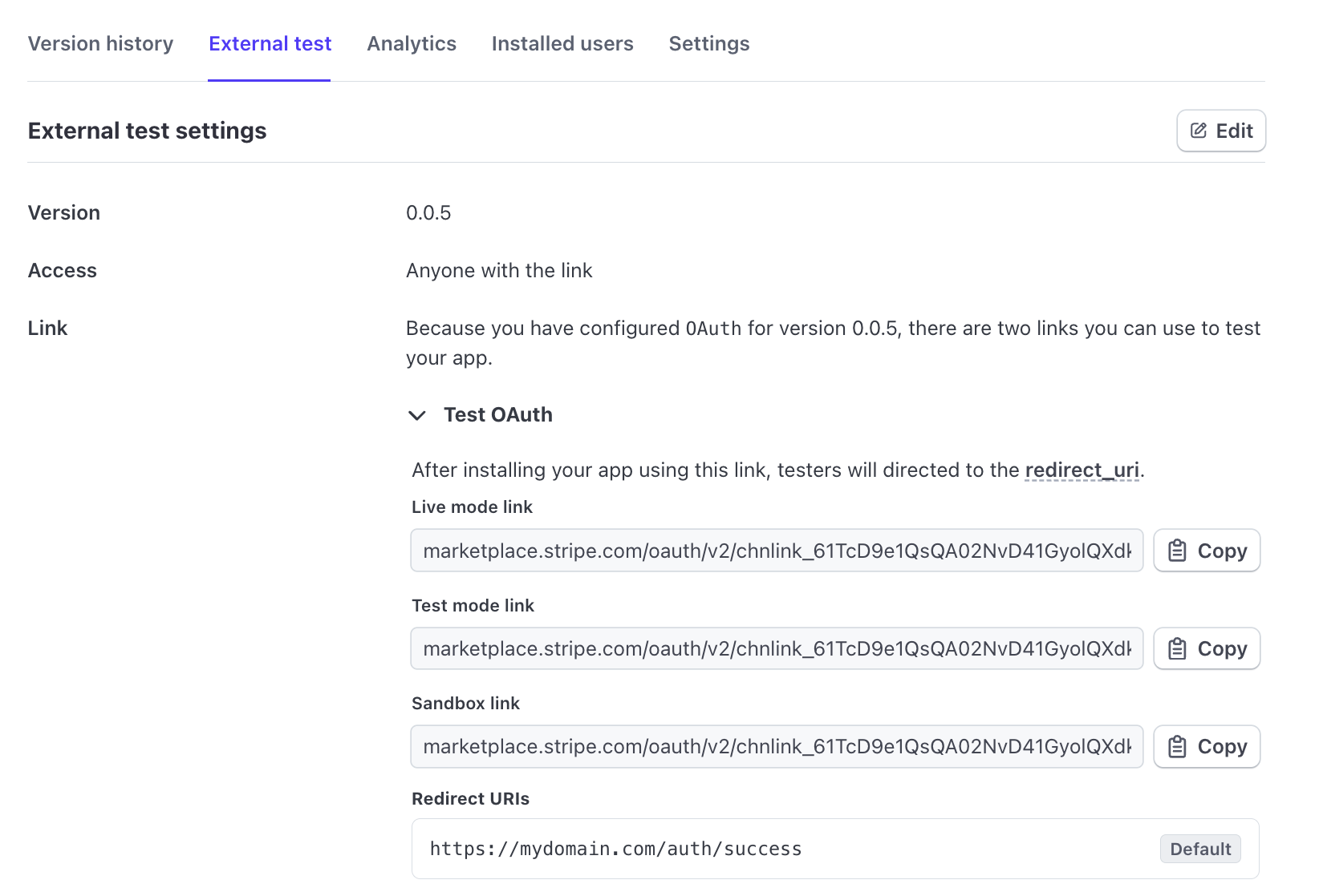 The location of test OAuth links within the Stripe Dashboard