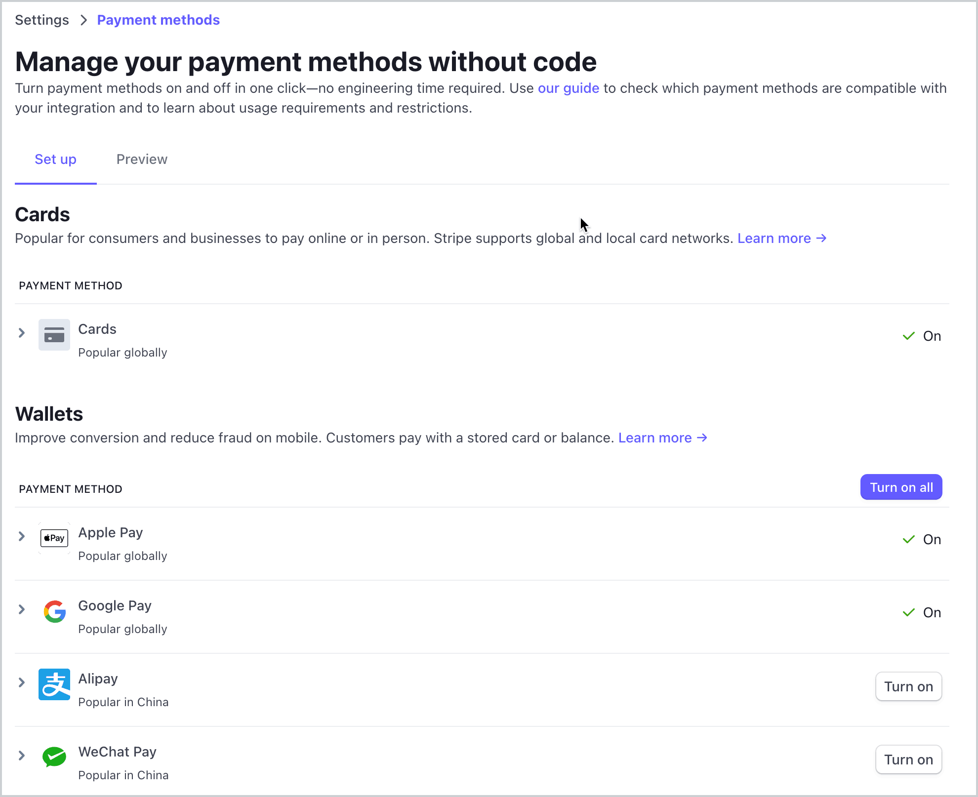 Screenshot of connected account payment method customisation through Dashboard showing available payment methods as on and available.