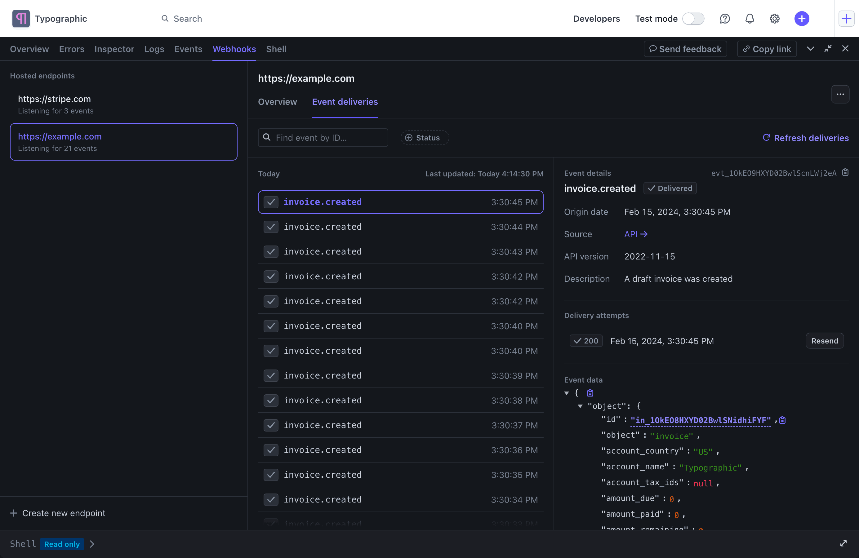 Übermittlungsversuche eines Ereignisses auf der Registerkarte „Ereignisübermittlungen“ eines Webhook-Endpoints anzeigen