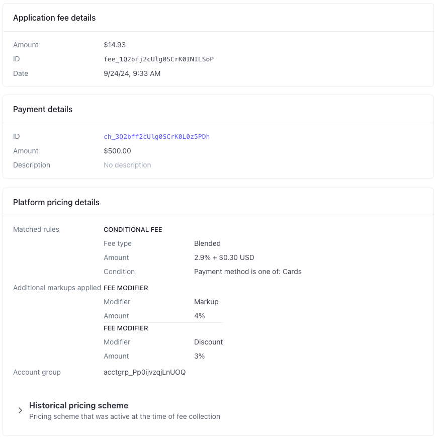 Sample application fee details shown in the Dashboard.