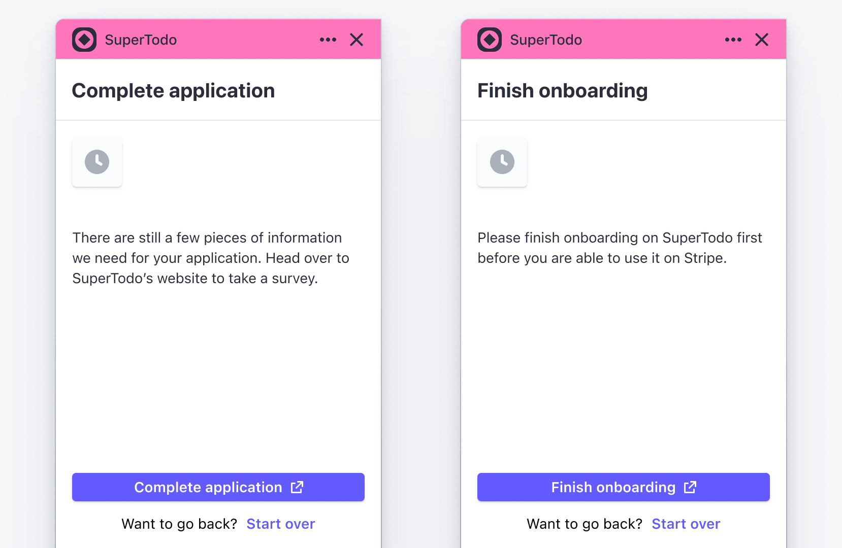 A screen that prompts users to complete an application or start over