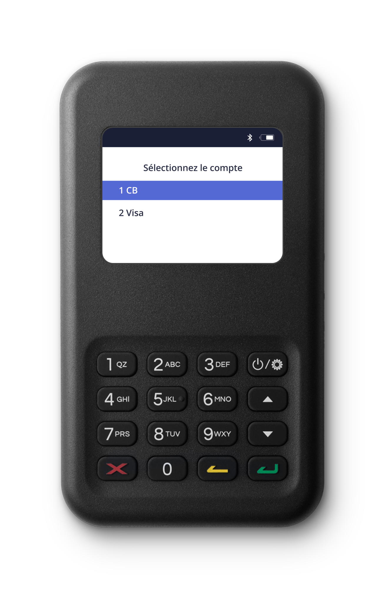 An application selection screen showing two card brands, one with Cartes Bancaires (CB) and the other Visa, on the WisePad 3 device.