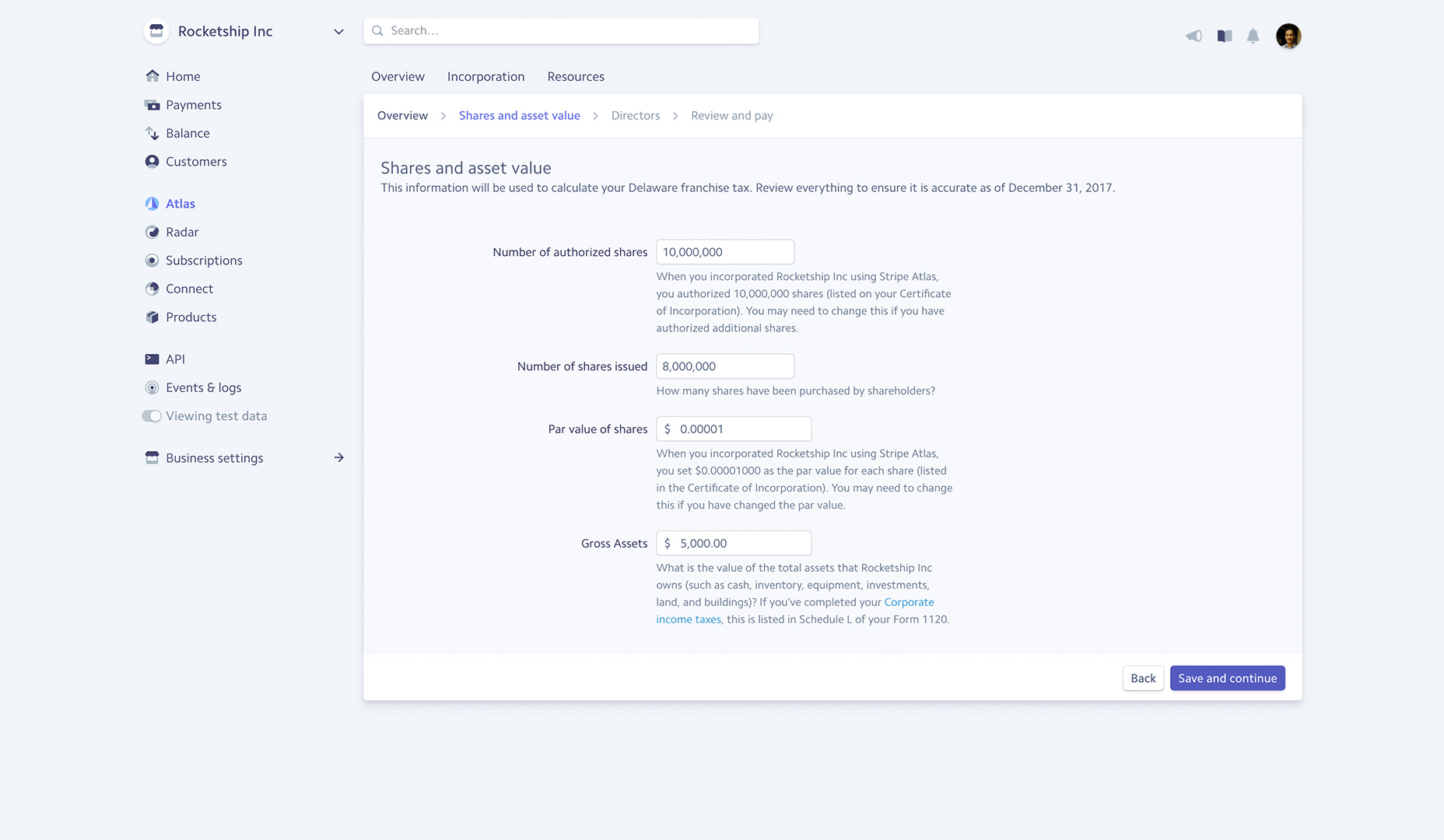 A screenshot of the Stripe Dashboard showing the workflow for filing taxes in Delaware
