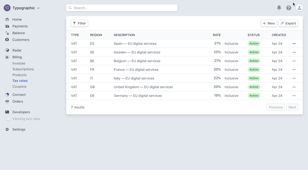 Tax rates in the Dashboard