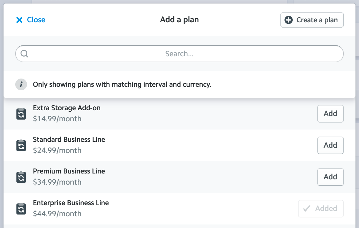 A screenshot of the 'multiplan add a plan' dialog in the Stripe Dashboard