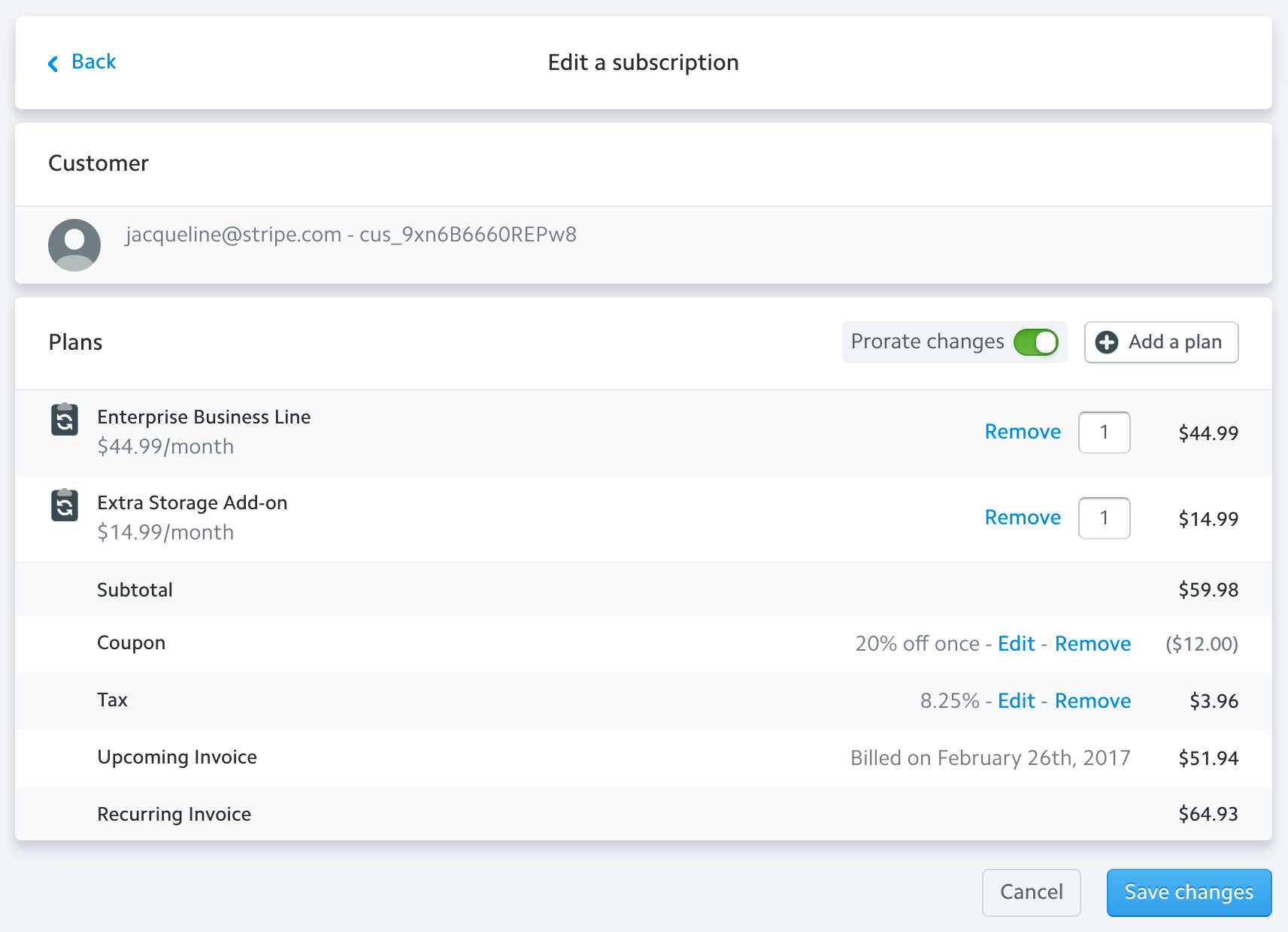 A screenshot of the 'multiplan plans list' view in the Stripe Dashboard