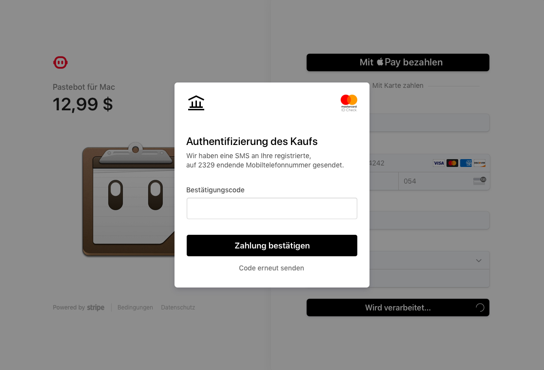 Bezahlung mit Pastebot unterstützt durch Stripe Checkout 